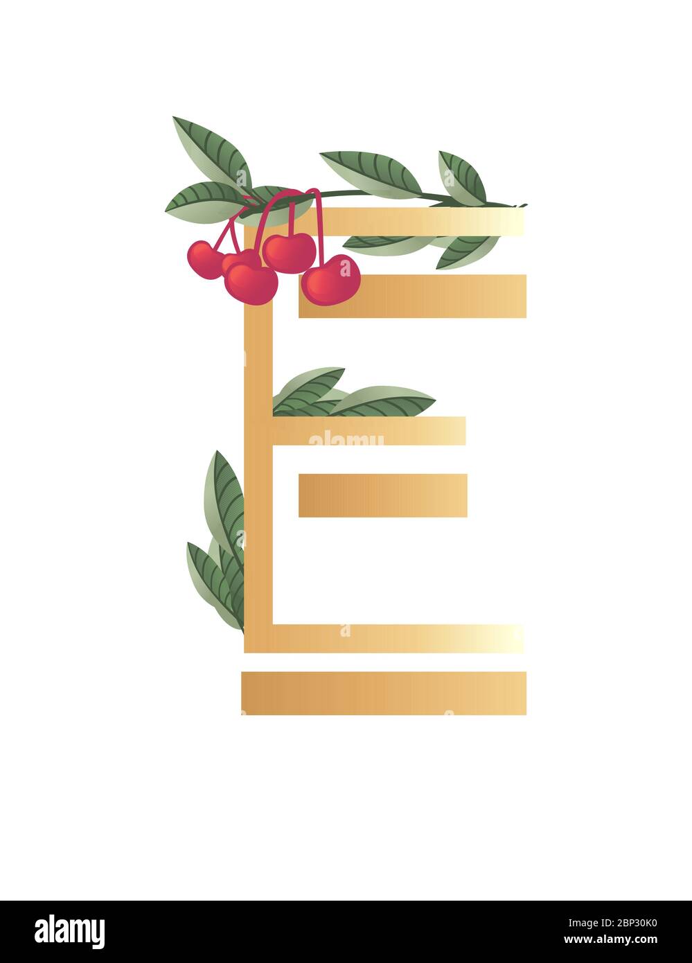 Letter E with gradient style beige color covered with green leaves and red berries eco font flat vector illustration isolated on white background Stock Vector