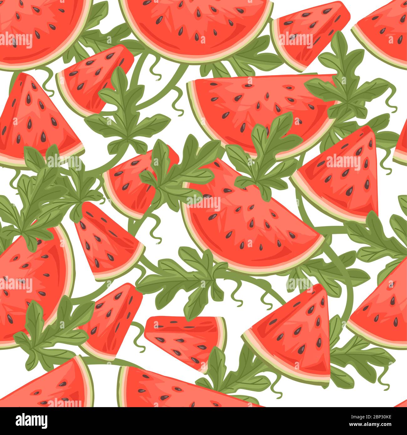 Seamless pattern of chopped slices of watermelon with green leaves flat ...