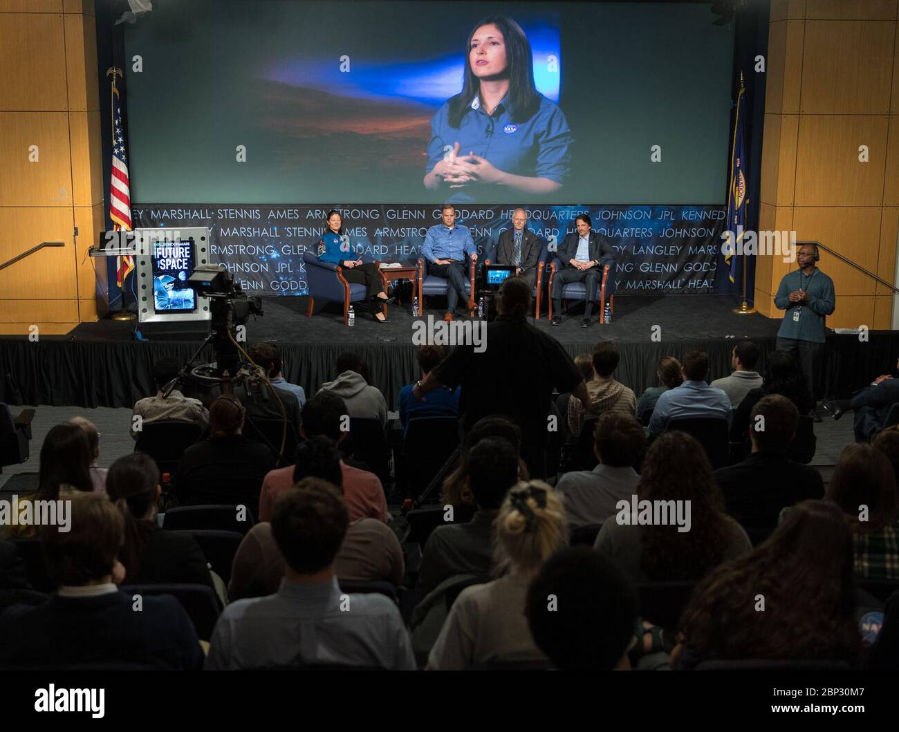 On April 29, 2019, NASA astronaut Tracy Caldwell Dyson moderated a panel discussion with NASA Administrator Jim Bridenstine, Associate Administrator Bill Gerstenmaier, and Deputy Associate Administrator Steve Clarke at the 'Future of Space' STEM event at NASA Headquarters in Washington, D.C., where students engaged with experts and astronauts aboard the International Space Station. Stock Photo
