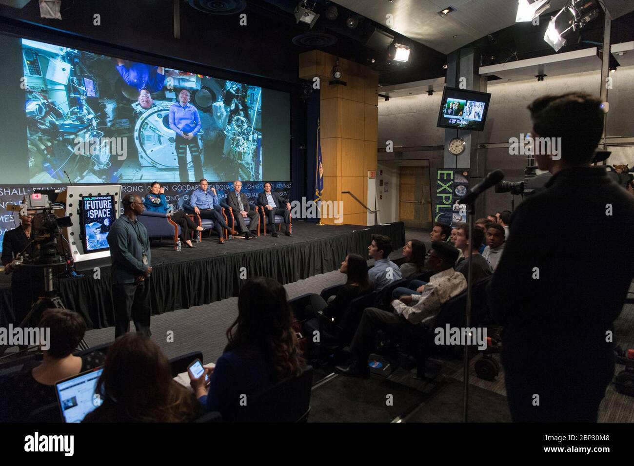 On April 29, 2019, NASA astronauts Nick Hague and Christina Koch participated in a panel discussion during the 'Future of Space' STEM event at NASA Headquarters in Washington, D.C. Students asked questions about space exploration, moderated by astronaut Tracy Caldwell Dyson. Stock Photo