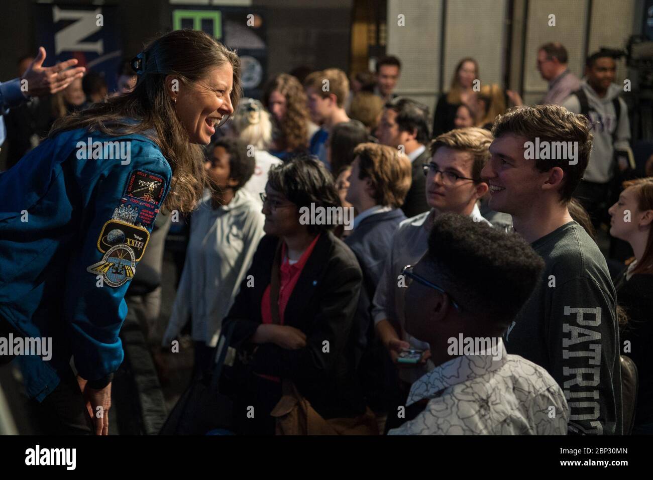 NASA astronaut Tracy Caldwell Dyson moderates a panel discussion on the future of space exploration at NASA Headquarters in Washington, D.C., on April 29, 2019. The event also featured NASA Administrator Jim Bridenstine and other space leaders. Stock Photo