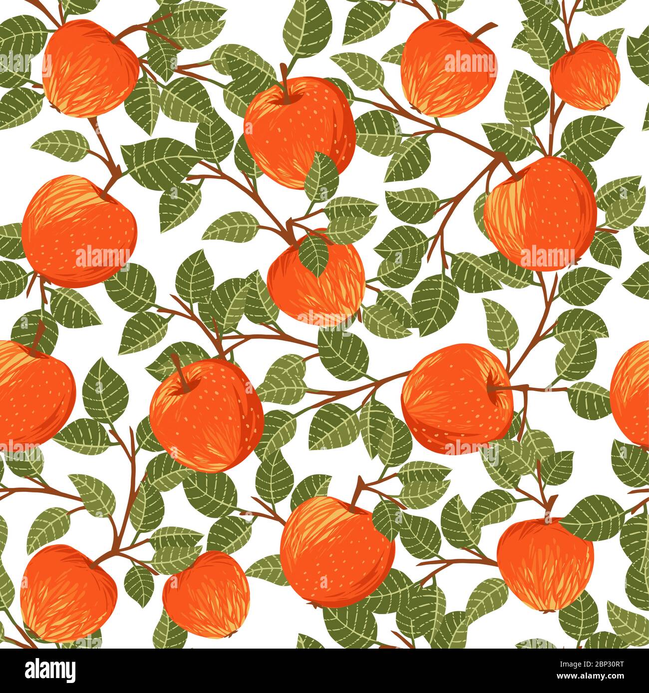 Seamless pattern of apples with green leaves flat vector illustration ...