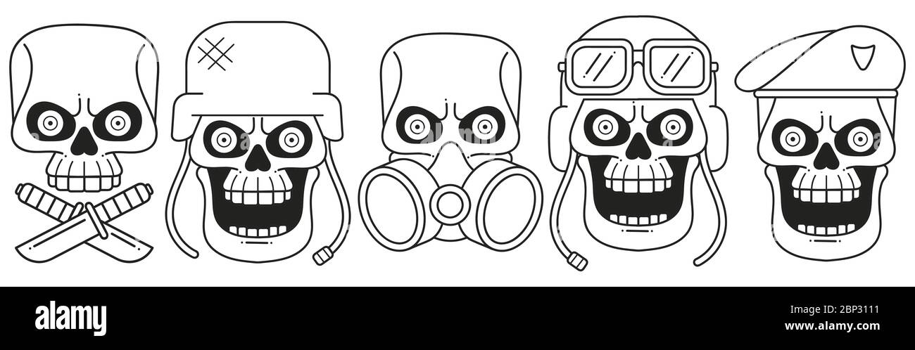 Anatomically Correct Human Skulls Set Isolated. Hand Drawn Line Art Vector Illustration. Stock Vector