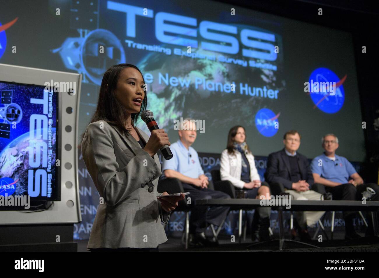 Transiting Exoplanet Survey Satellite (TESS) Briefing  NASA Public Affairs Officer Felicia Chou moderates a media briefing where astrophysics experts discuss the upcoming launch of NASA’s next planet hunter, the Transiting Exoplanet Survey Satellite (TESS), Wednesday, March 28, 2018 at NASA Headquarters in Washington. Stock Photo