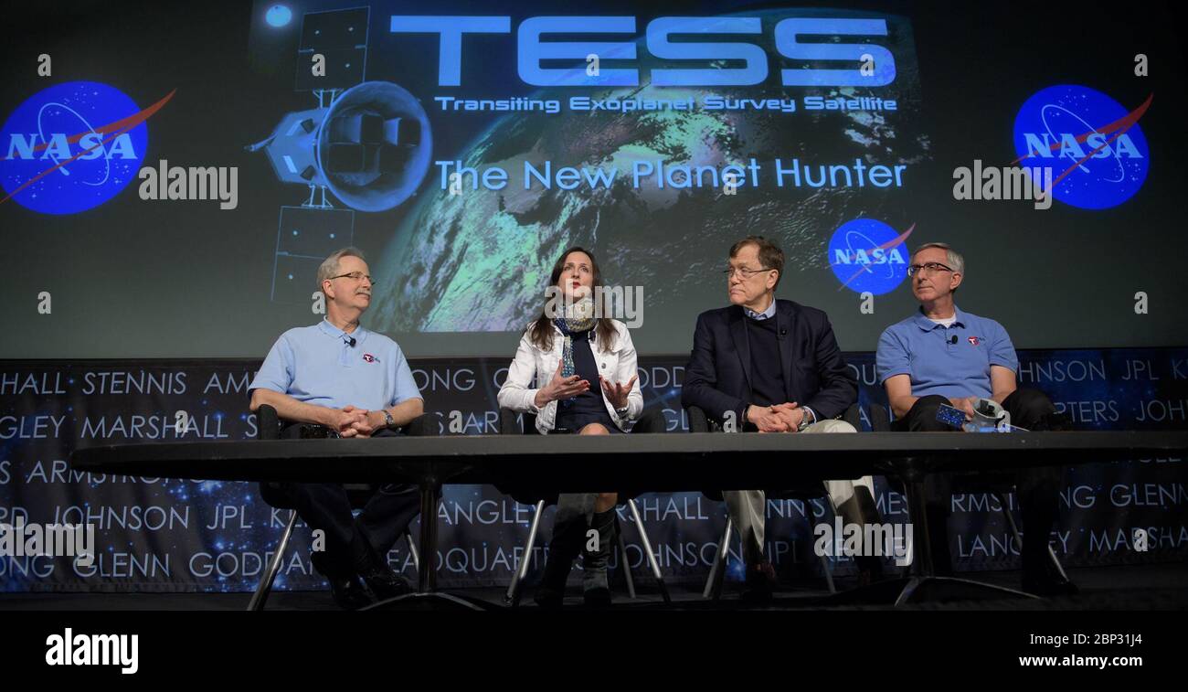 Transiting Exoplanet Survey Satellite (TESS) Briefing  NASA Astrophysics Division director Paul Hertz, left, Sara Seager, TESS deputy director of science, MIT, George Ricker, TESS principal investigator, MIT Kavli Institute for Astrophysics and Space Research, and Jeff Volosin, TESS project manager, NASA’s Goddard Space Flight Center, right, discuss the upcoming launch of NASA’s next planet hunter, the Transiting Exoplanet Survey Satellite (TESS), Wednesday, March 28, 2018 at NASA Headquarters in Washington. Stock Photo