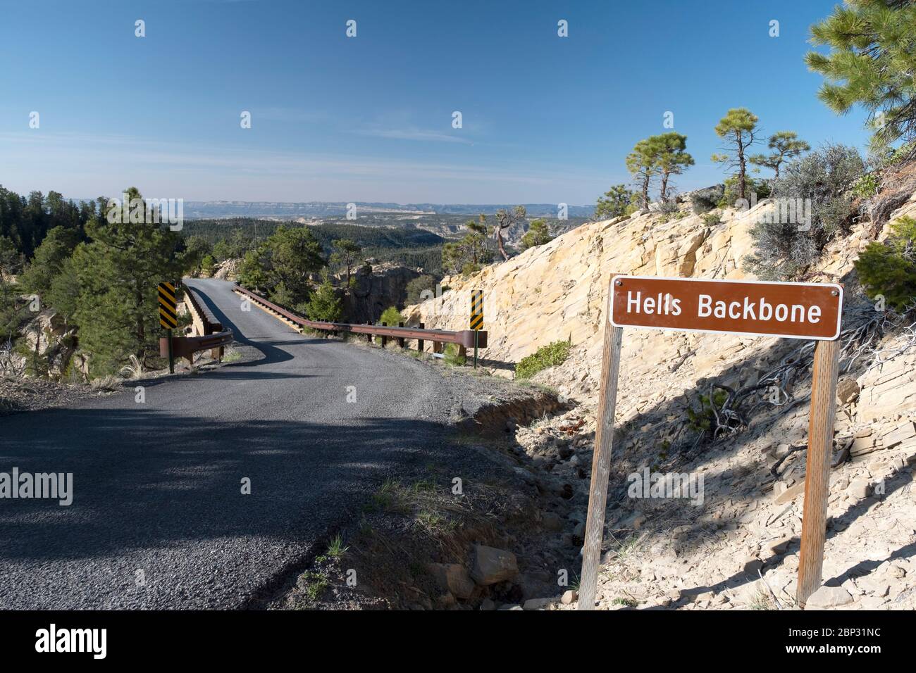 Hells Backbone sign along the rugged mountain road in Utah Stock Photo