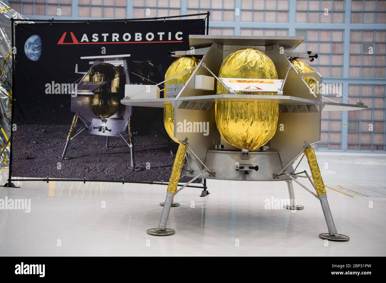 Commercial Lunar Payload Services Announcement  The Astrobotic lunar lander is seen, Friday, May 31, 2019, at Goddard Space Flight Center in Md. Astrobotic, Intuitive Machines, and OrbitBeyond have been selected to provide the first lunar landers for the Artemis program's lunar surface exploration. Stock Photo