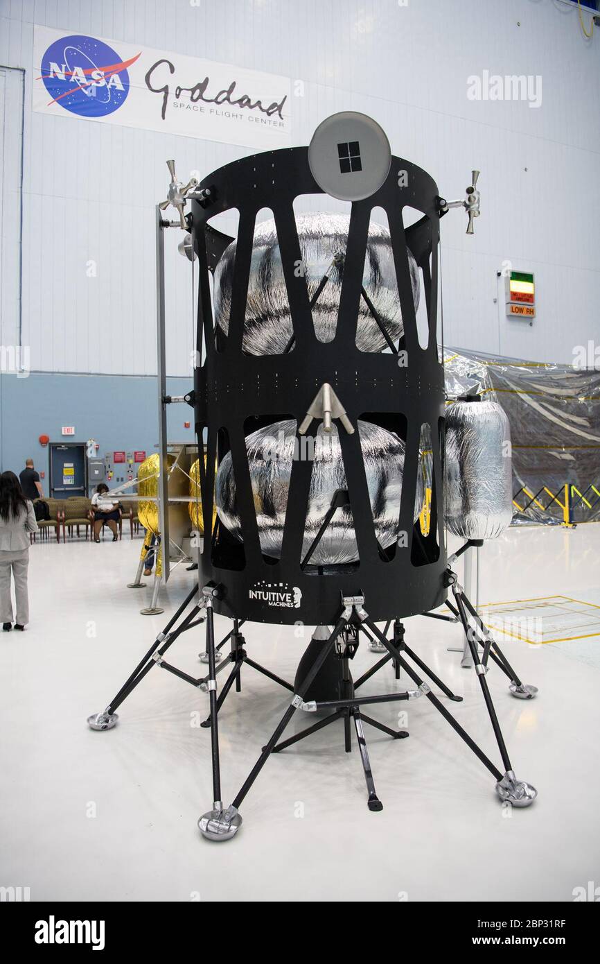 Commercial Lunar Payload Services Announcement  The Intuitive Machines lunar lander is seen, Friday, May 31, 2019, at Goddard Space Flight Center in Md. Astrobotic, Intuitive Machines, and Orbit Beyond have been selected to provide the first lunar landers for the Artemis program's lunar surface exploration. Stock Photo