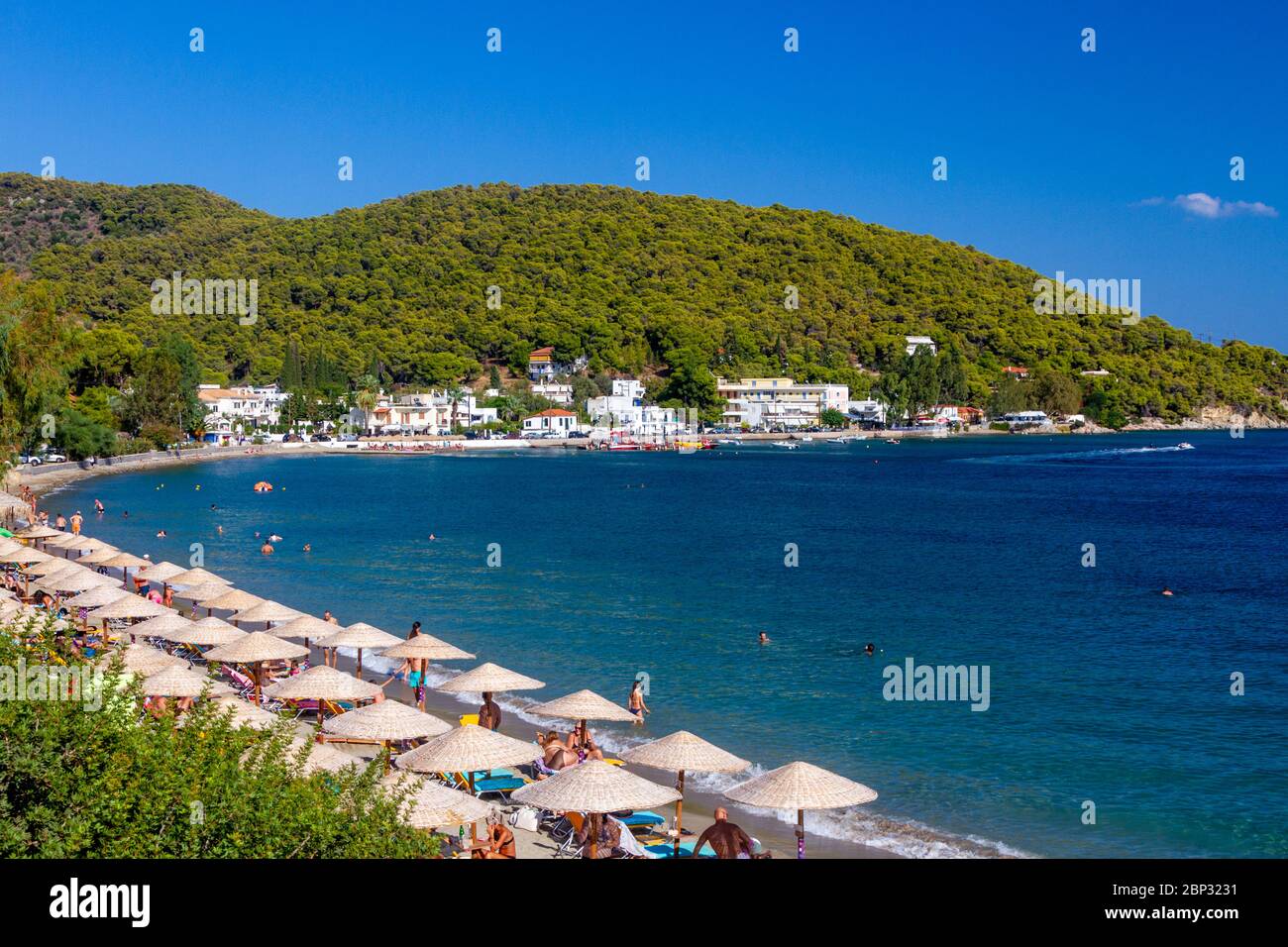 Organized beach of Askeli, in Poros island, Saronic Gulf, Greece, Europe. Stock Photo