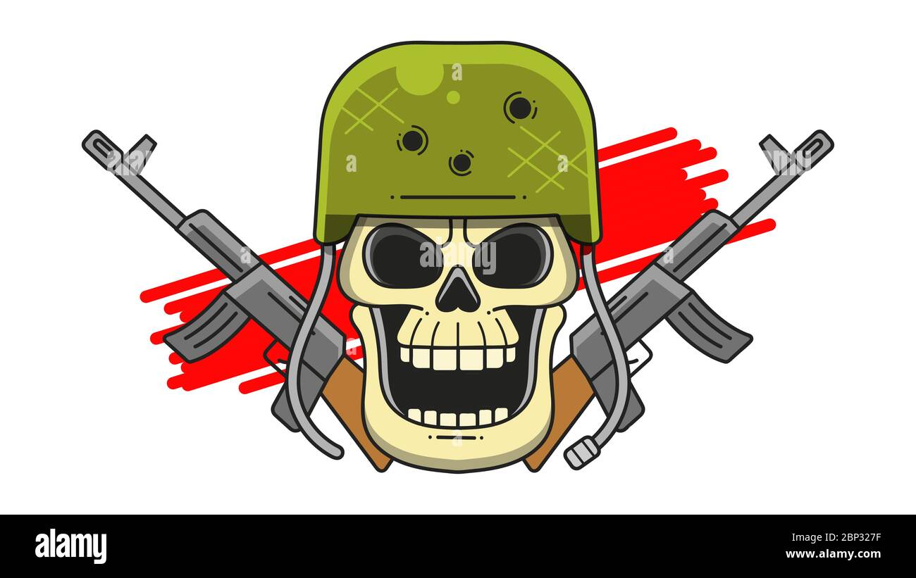 Military Skull In A Hard Hat With Machine Guns On A White Background Typography Illustration, Can Be Used As A Print For T'shirts, Bags, Cards And Pos Stock Vector