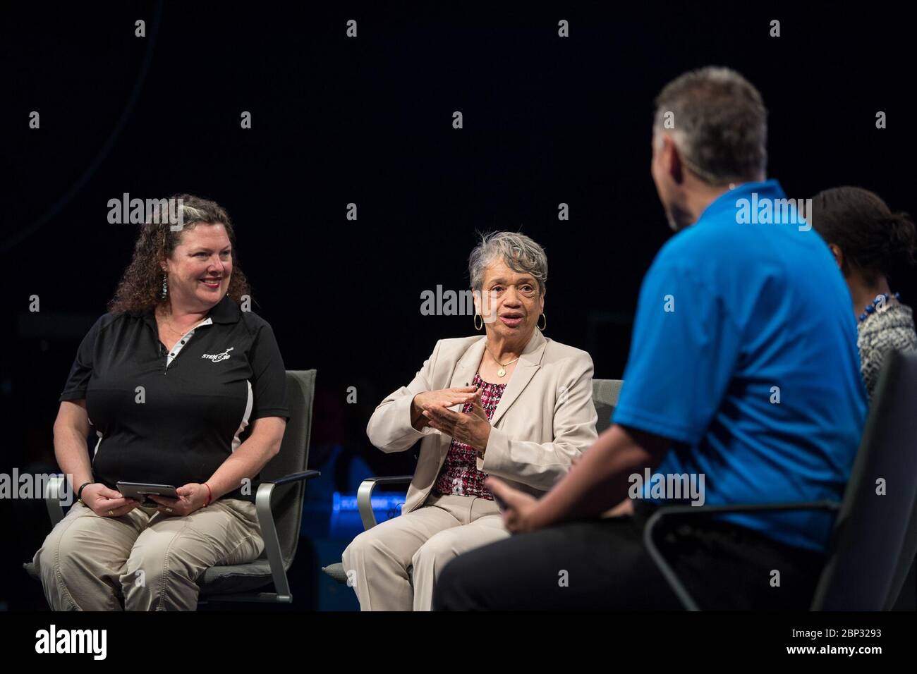 'Hidden Figures' Panel Discussion  NASA human computer Christine Darden, speaks during a &quot;Hidden Figures&quot; panel discussion with &quot;Hidden Figures&quot; author, Margot Lee Shetterly and Beth Wilson, left, and Marty Kelsey, right, of STEM in 30, Wednesday, June 12, 2019 at the Smithsonian National Air and Space Museum in Washington. The panel discussion took place after a ceremony dedicating the 300 block of E Street SW as &quot;Hidden Figures Way&quot; to honor Katherine Johnson, Dorothy Vaughan, Mary Jackson and all of the women who have dedicated their lives to honorably serving Stock Photo