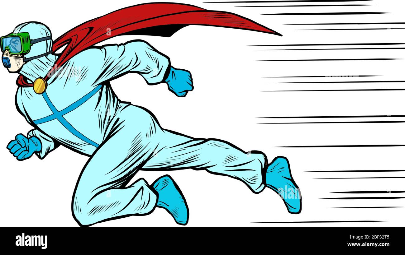runs to help superhero doctor man in protective suit, epidemic Stock Vector