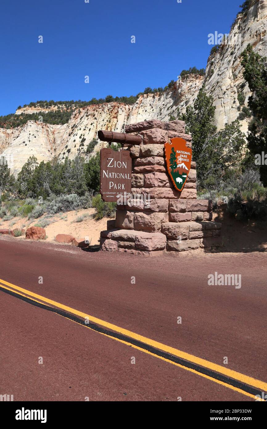 National Park Service entrance sign at Zion National Park Stock Photo
