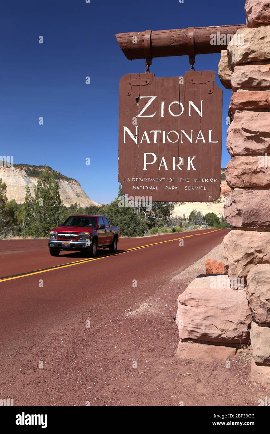 National Park Service entrance sign at Zion National Park Stock Photo
