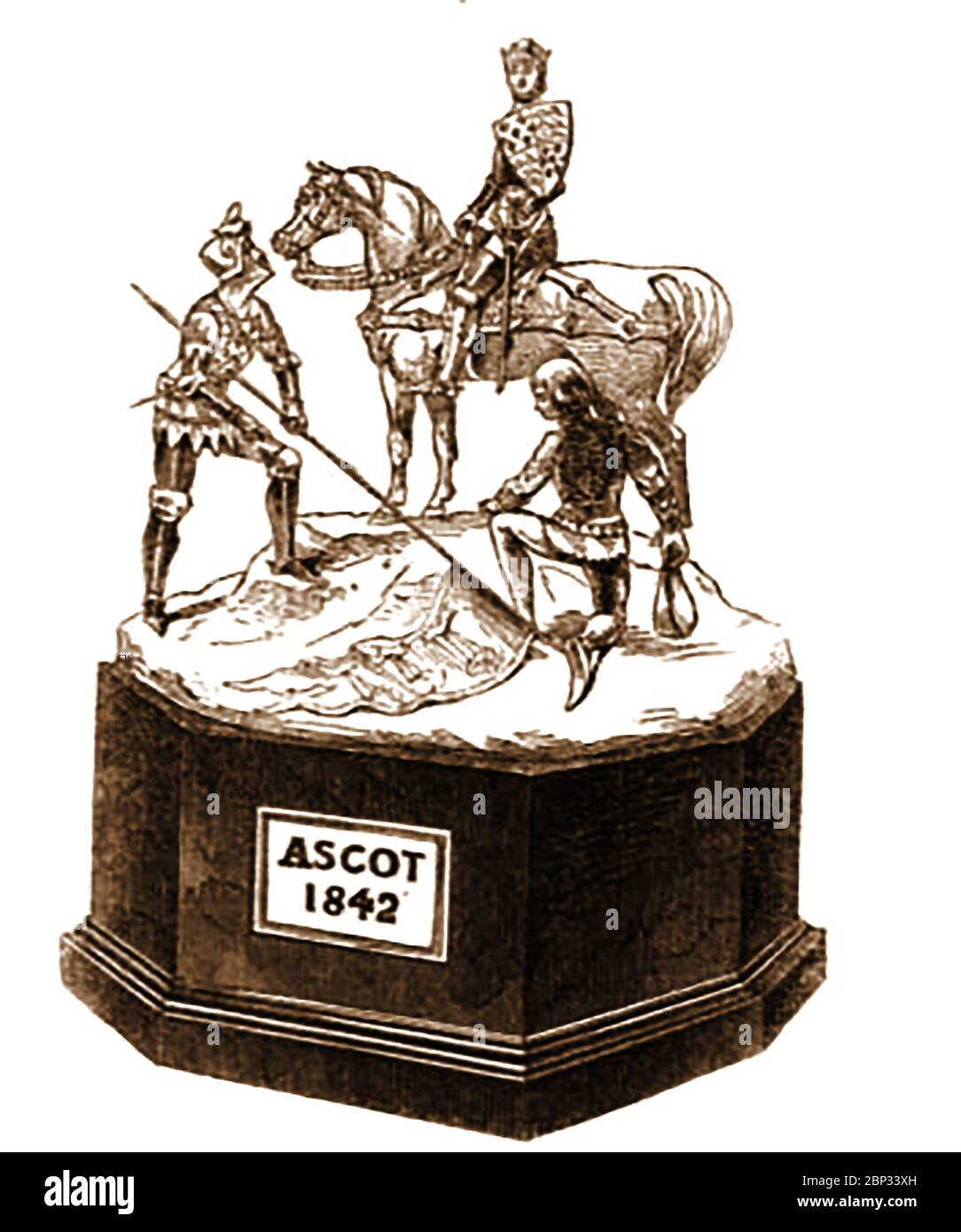 The very 1st actual  Ascot  gold cup trophy, designed and manufactured by the  House of Garrard in 1842. It was won in that year by Beeswing (1833–1854)   a 19th-century British Thoroughbred racehorse from the north of England, considered in her time as the greatest mare in Britain and one of the greatest of all time Her Jockey was D Cartwright (owner William Orde). The event was established in 1807. Stock Photo