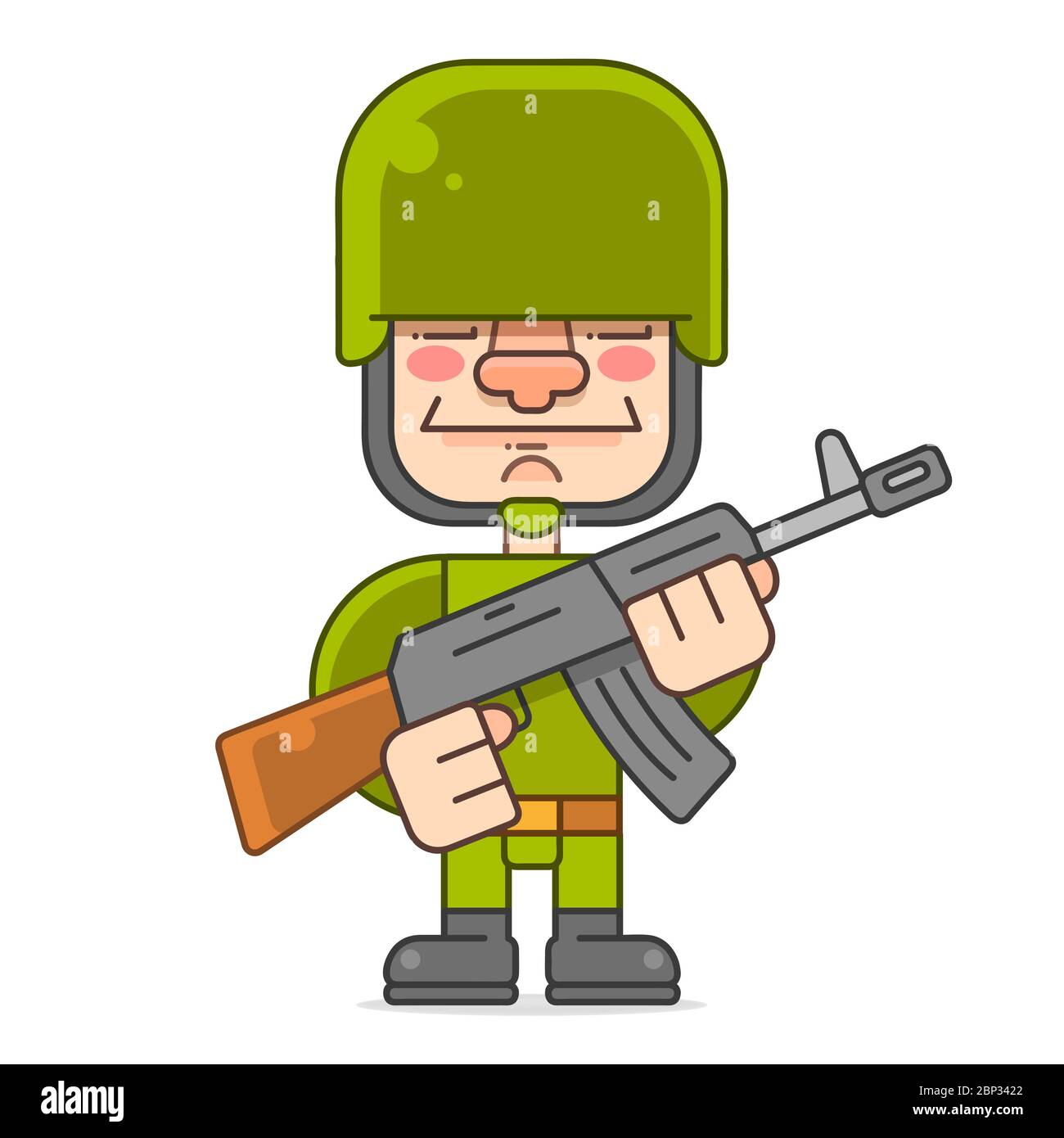 Soldier With Machine Gun Helmet War Uniform Standing, Vector Illustration Cartoon. Stock Vector