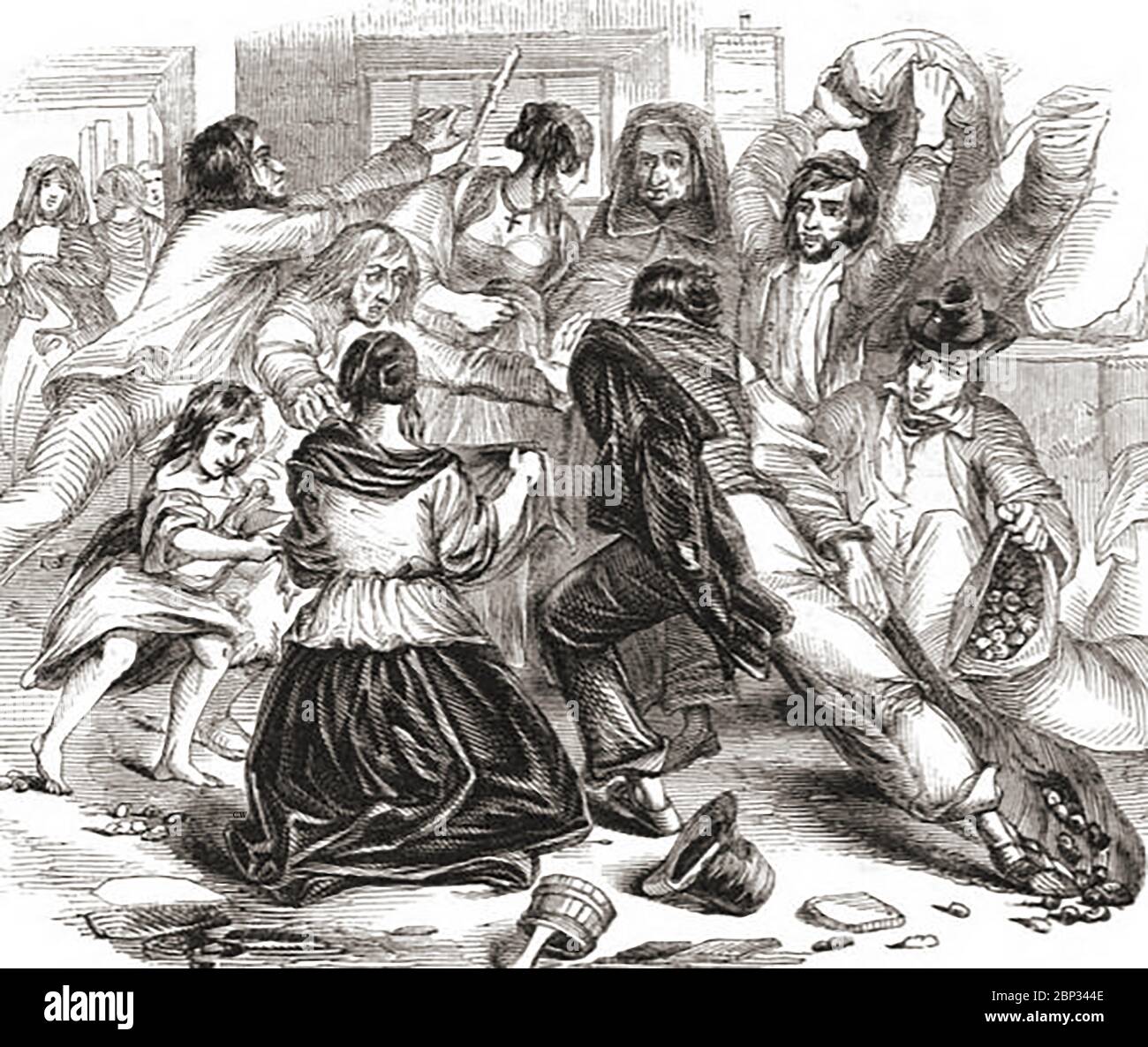 Engraving showing an attack on a potato store in the town of Galway, Ireland on the 13th June, 1842 (from a news item of the time). They also attacked oatmeal stores in mills and distributed the  stolen goods amongst themselves. The riot was said to have been led by women and children, backed up by Claddagh fishermen. The police, dignitaries and  soldiers  of the 30th regiment who attempted to stop them, were stoned. Stock Photo
