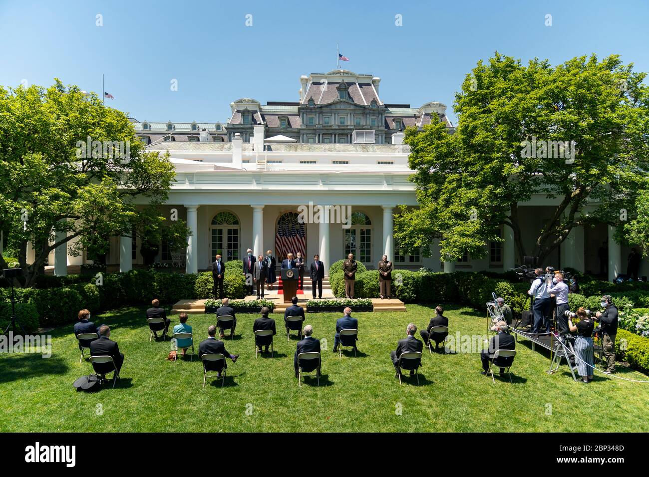 U.S. President Donald Trump, discusses COVID-19 vaccine development in the Rose Garden of the White House May 15, 2020 in Washington, D.C. Stock Photo