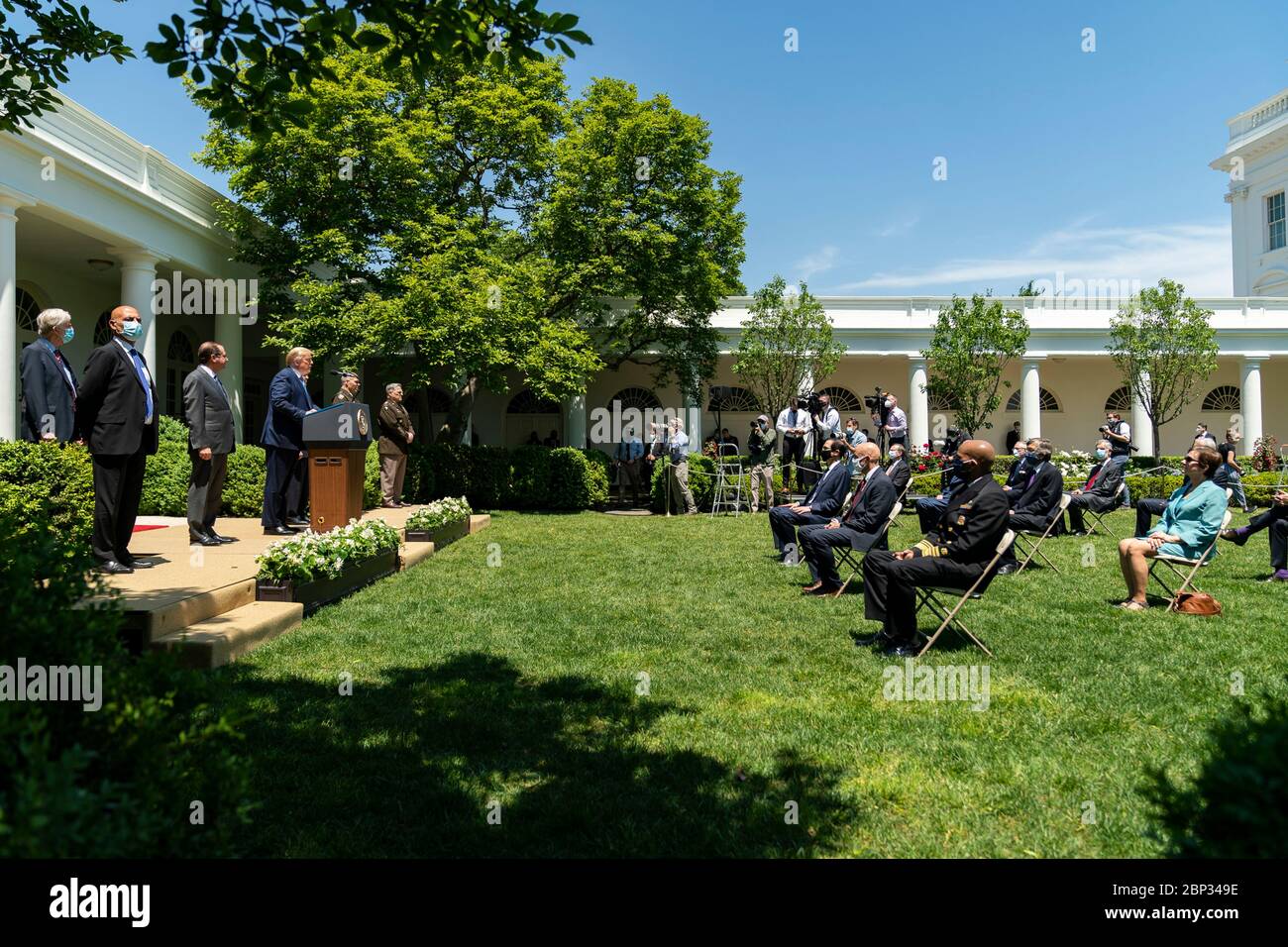 U.S. President Donald Trump, discusses COVID-19 vaccine development in the Rose Garden of the White House May 15, 2020 in Washington, D.C. Stock Photo