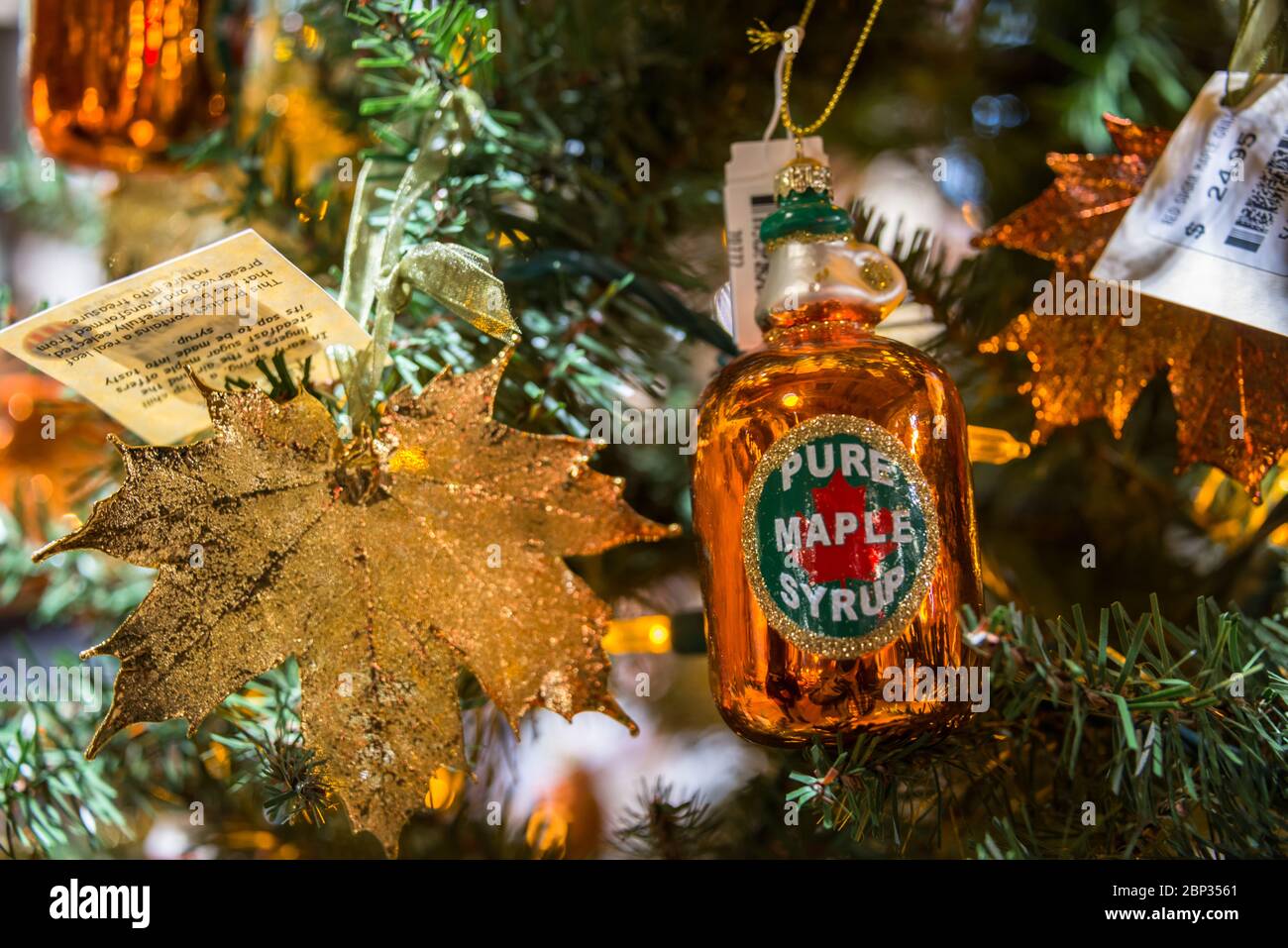 Pure Maple Syrup & Golden Maple Leaf Christmas Ornaments, Vermont Stock