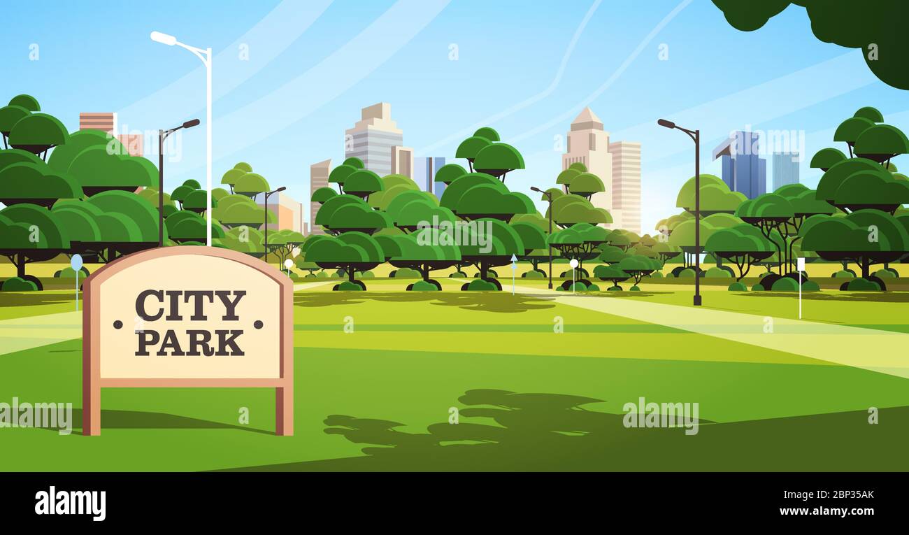 sign board in city park beautiful summer day skyline skyskraper ...
