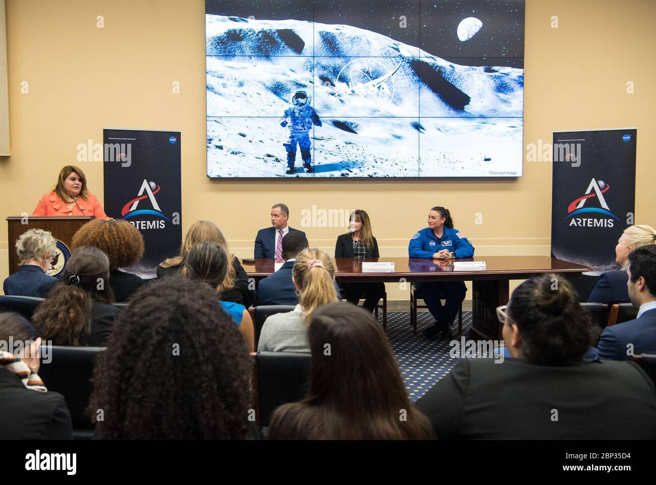 Women's Caucus Event on Artemis  Resident Commissioner of Puerto Rico, Jenniffer González-Colón, R-Puerto Rico, provides opening remarks at a bipartisan Congressional Caucus for Women’s Issues briefing on NASA’s Artemis lunar exploration program, Wednesday, September 11, 2019 at the Rayburn House Office Building in Washington. Stock Photo