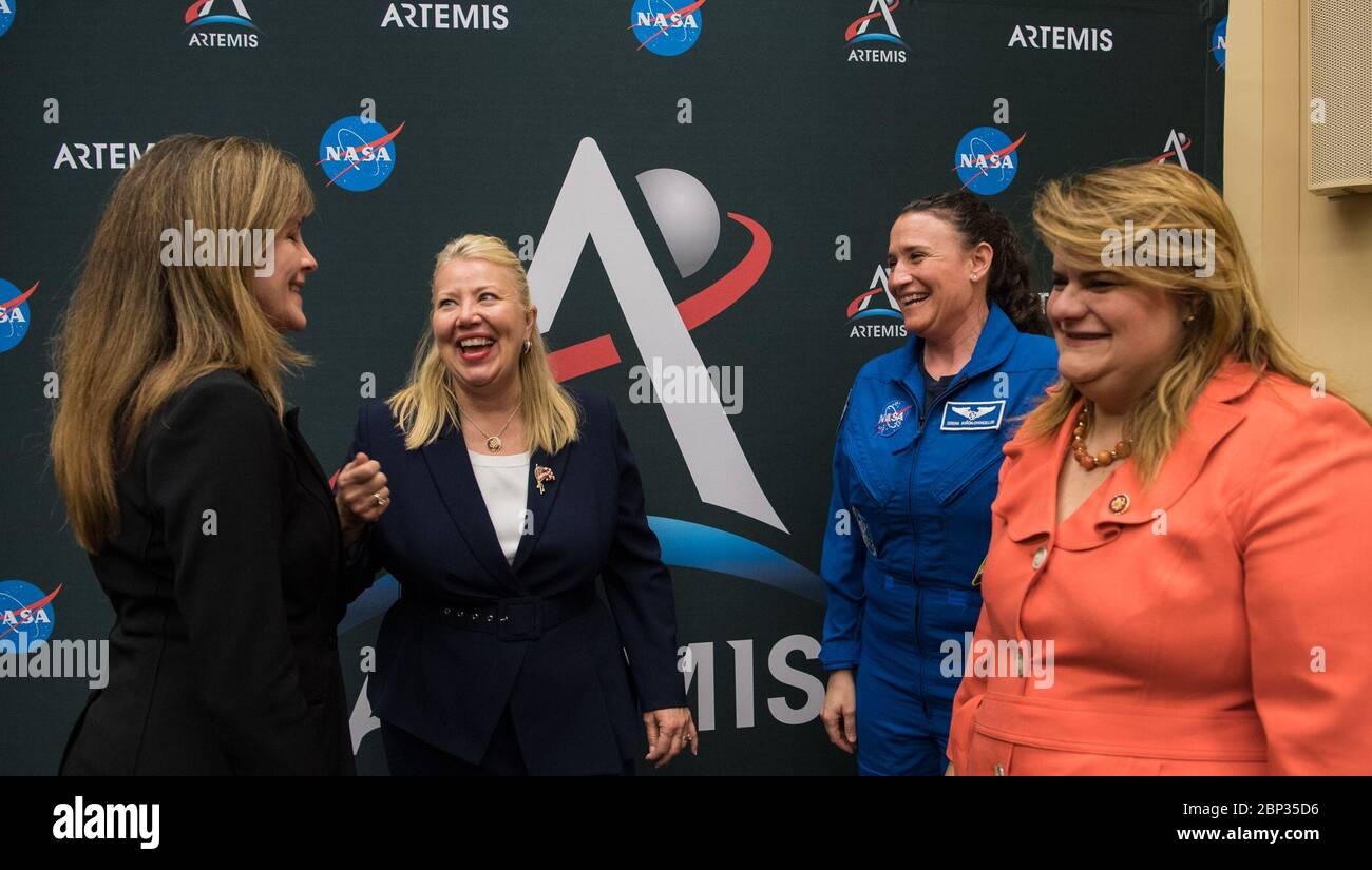 Women's Caucus Event on Artemis  From left to right, Director of NASA’s Glenn Research Center, Dr. Janet Kavandi, Representative Debbie Lesko, R-Ariz., NASA astronaut Serena Auñón-Chancellor, and Resident Commissioner of Puerto Rico, Jenniffer González-Colón, R-Puerto Rico, speak to each other at the conclusion of a bipartisan Congressional Caucus for Women’s Issues briefing on NASA’s Artemis lunar exploration program, Wednesday, September 11, 2019 at the Rayburn House Office Building in Washington. Stock Photo