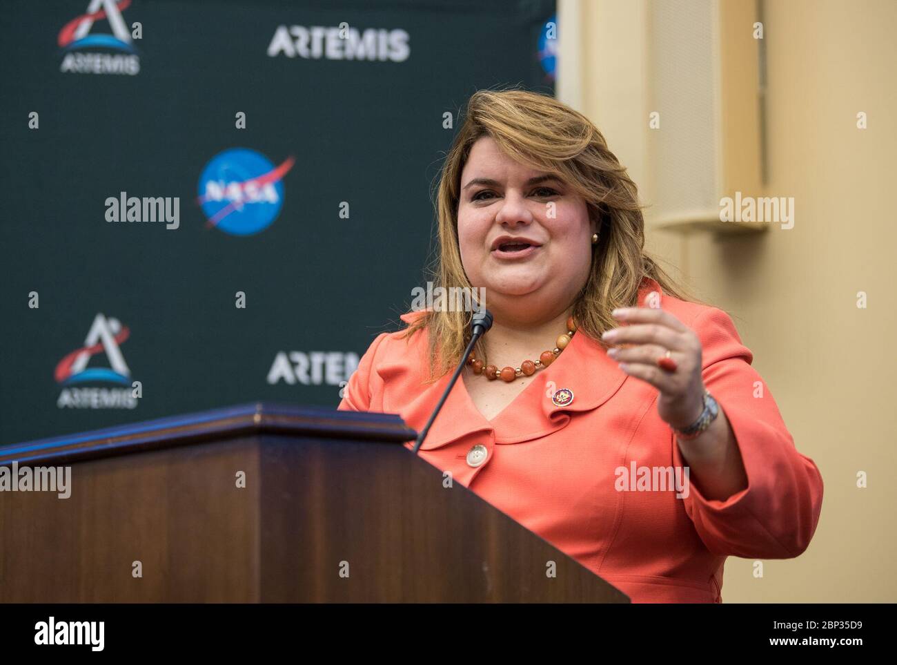 Women's Caucus Event on Artemis  Resident Commissioner of Puerto Rico, Jenniffer González-Colón, R-Puerto Rico, provides welcoming remarks at a bipartisan Congressional Caucus for Women’s Issues briefing on NASA’s Artemis lunar exploration program, Wednesday, September 11, 2019 at the Rayburn House Office Building in Washington. Stock Photo