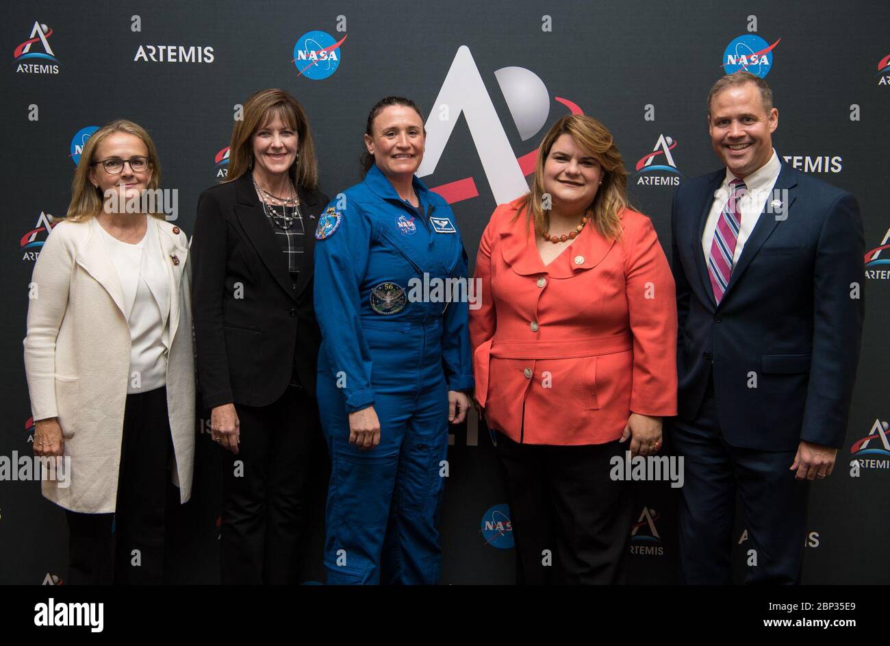 Women's Caucus Event on Artemis  From left to right, U.S. Representative Madeleine Dean, D-Pa., former astronaut and current director of NASA’s Glenn Research Center, Dr. Janet Kavandi, NASA astronaut Serena Auñón-Chancellor, U.S. resident commissioner of Puerto Rico, Jenniffer González-Colón, R-Puerto Rico, and NASA Administrator Jim Bridenstine pose for a photo just before a bipartisan Congressional Caucus for Women’s Issues briefing on NASA’s Artemis lunar exploration program, Wednesday, September 11, 2019 at the Rayburn House Office Building in Washington. Stock Photo
