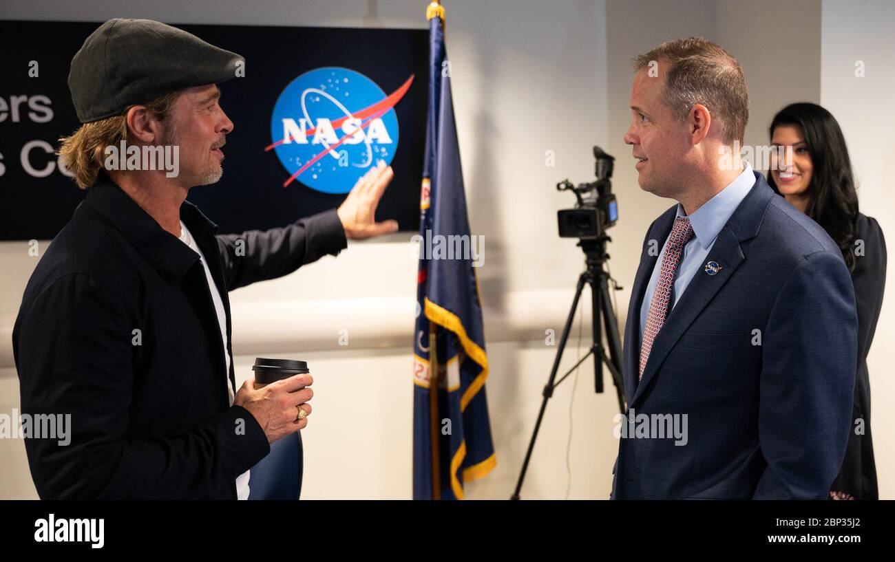 ISS Downlink with Actor Brad Pitt  Actor Brad Pitt speaks with NASA Administrator Jim Bridenstine, Monday, Sept. 16, 2019 from the Space Operations Center at NASA Headquarters in Washington. Pitt, who stars as an astronaut in his latest film “Ad Astra,” spoke with NASA astronaut Nick Hague about what it’s like to live and work aboard the orbiting laboratory. Stock Photo