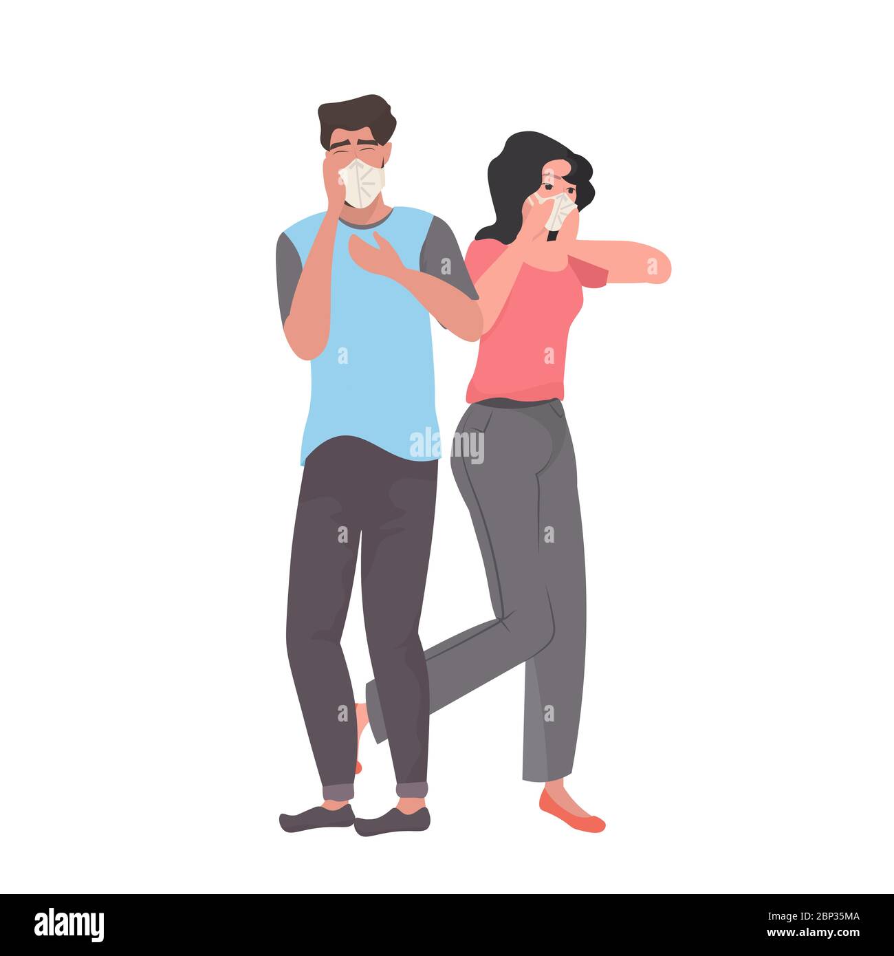 couple in medical masks coughing man woman having illness symptoms of coronavirus infection covid-19 pandemic quarantine concept full length vector illustration Stock Vector
