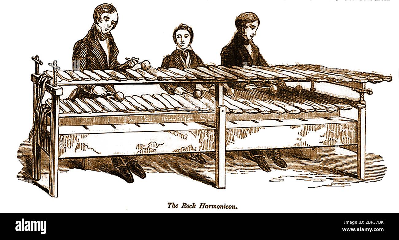 Joseph Richardson, a Cumberland (UK) stonemason demonstrating his musical Rock Harmonicon  a  stone xylophone made from slabs  he had collected from the mountains around Skiddaw laid loosely on straw covered slats, and played using small wooden mallets, . (invented  1827). Some illustrations claim that the picture shows a music hall clown Arthur Nelson , though this is unlikely as Nelson didn't use the harmonicon in his act until 1842 and It is said that it took Richardson  thirteen years to perfect the instrument , also   by 1842, his three sons were also giving concerts around the country. Stock Photo