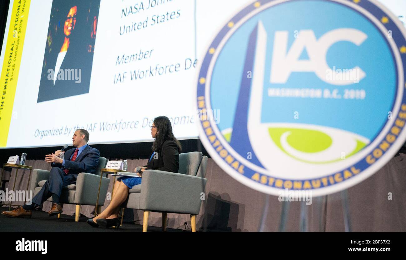 70th International Astronautical Congress  NASA Administrator Jim Bridenstine and Jackelynne Silva-Martinez, an Aerospace Engineer in Mission Planning Operations at NASA’s Johnson Space Center are seen during the Global Networking Forum Young Professionals Town Hall at the 70th International Astronautical Congress, Wednesday, Oct. 23, 2019 at the Walter E. Washington Convention Center in Washington. Stock Photo