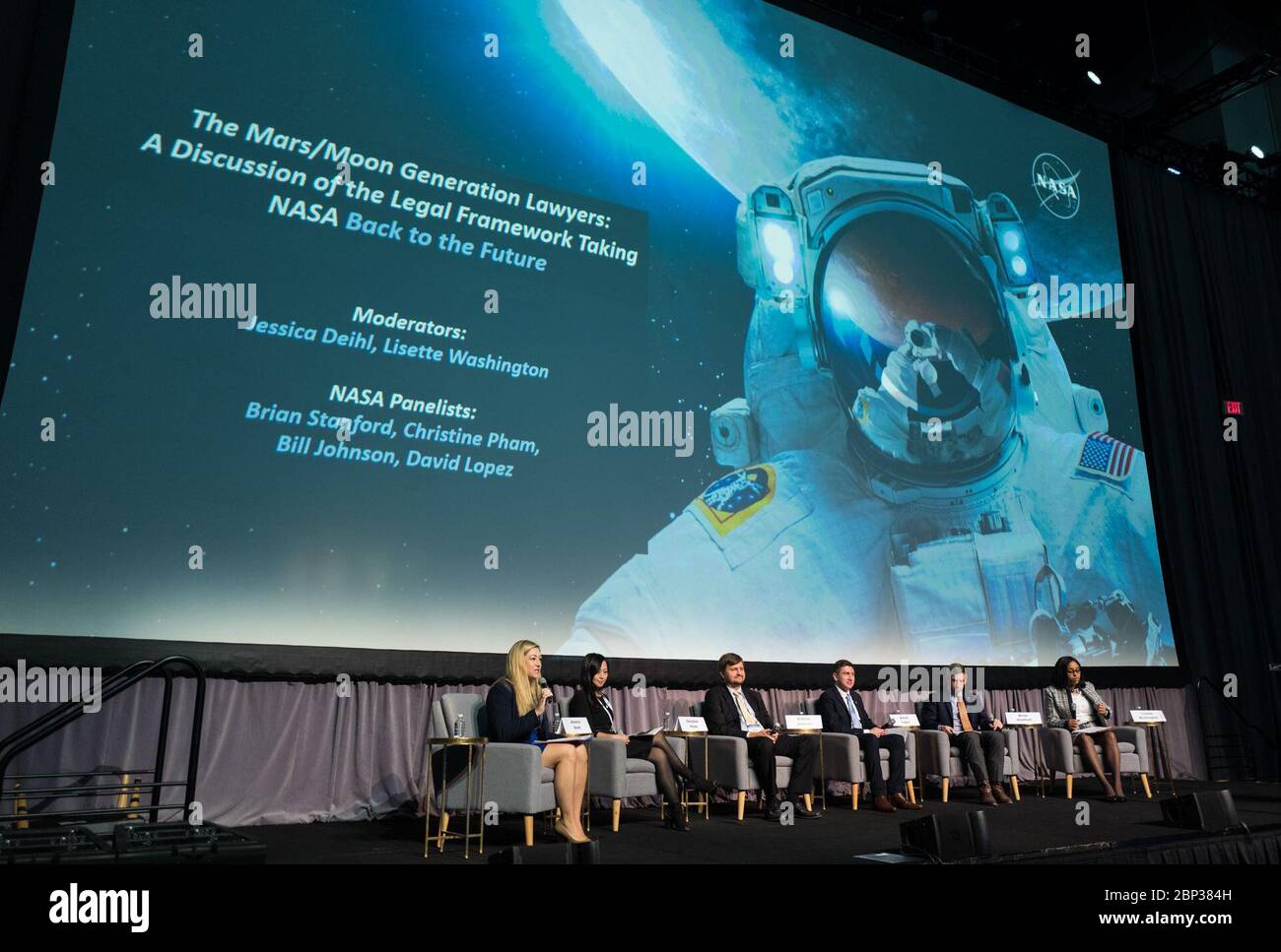 70th International Astronautical Congress  Jessica Deihl, an attorney at NASA’s Goddard Space Flight Center, left, Christine Pham, an attorney at NASA Headquarters, Bill Johnson, an attorney at NASA’s Glenn Research Center, David Lopez, an attorney at NASA Headquarters, Brian Stanford an attorney at NASA Headquarters, and Lisette Washington an attorney at NASA Headquarters, are seen during a “The Moon/Mars Generation Lawyers: A Discussion of the Legal Framework Taking NASA Back to the Future” at the 70th International Astronautical Congress, Thursday, Oct. 24, 2019, at the Walter E. Washington Stock Photo