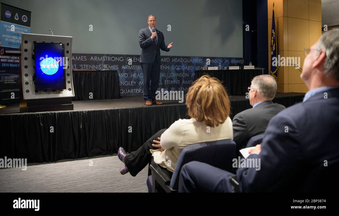 2019 MOOT Court Finals  NASA Administrator Jim Bridenstine gives remarks during the International Institute of Space Law (IISL), Manfred Lachs Space Law Moot Court Competition finals, Thursday, Oct. 24, 2019 at NASA Headquarters in Washington. Stock Photo