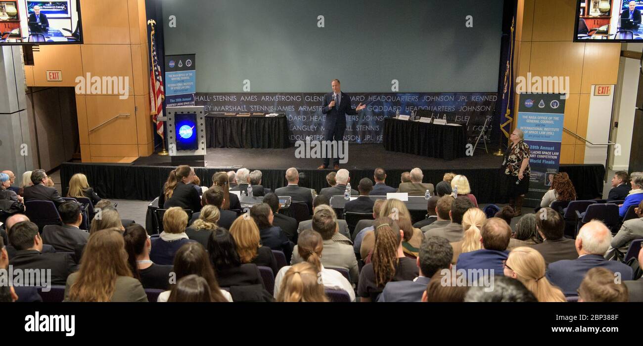 2019 MOOT Court Finals  NASA Administrator Jim Bridenstine gives remarks during the International Institute of Space Law (IISL), Manfred Lachs Space Law Moot Court Competition finals, Thursday, Oct. 24, 2019 at NASA Headquarters in Washington. Stock Photo