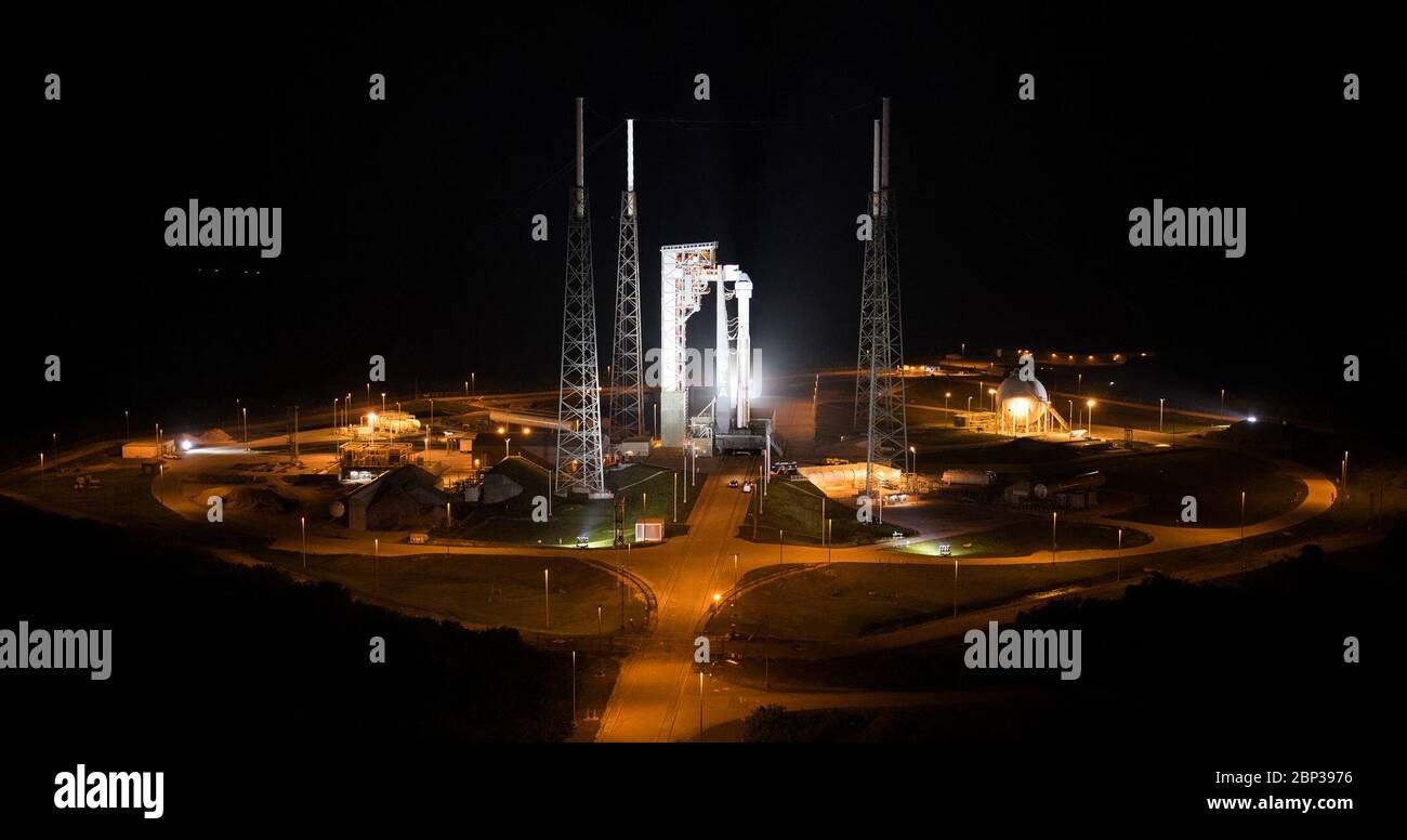 Boeing Orbital Flight Test Prelaunch  A United Launch Alliance Atlas V rocket with Boeing’s CST-100 Starliner spacecraft onboard is seen on the launch pad at Space Launch Complex 41 ahead of the Orbital Flight Test mission, Thursday, Dec. 19, 2019, at Cape Canaveral Air Force Station in Florida. The uncrewed Orbital Flight Test will be Starliner’s maiden mission to the International Space Station for NASA's Commercial Crew Program. The mission, currently targeted for a 6:36 a.m. EST launch on Dec. 20, will serve as an end-to-end test of the system's capabilities. Stock Photo