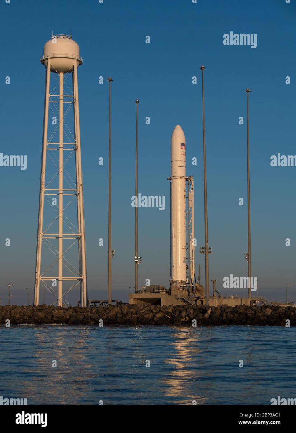 Northrop Grumman Antares CRS-13 Prelaunch  A Northrop Grumman Antares rocket carrying a Cygnus resupply spacecraft is seen at sunrise on Pad-0A, Sunday, Feb. 9, 2020, at NASA's Wallops Flight Facility in Virginia. Northrop Grumman’s 13th contracted cargo resupply mission with NASA to the International Space Station will deliver more than 7,500 pounds of science and research, crew supplies and vehicle hardware to the orbital laboratory and its crew. The CRS-13 Cygnus spacecraft is named after the first African American astronaut, Major Robert Henry Lawrence Jr.. Stock Photo