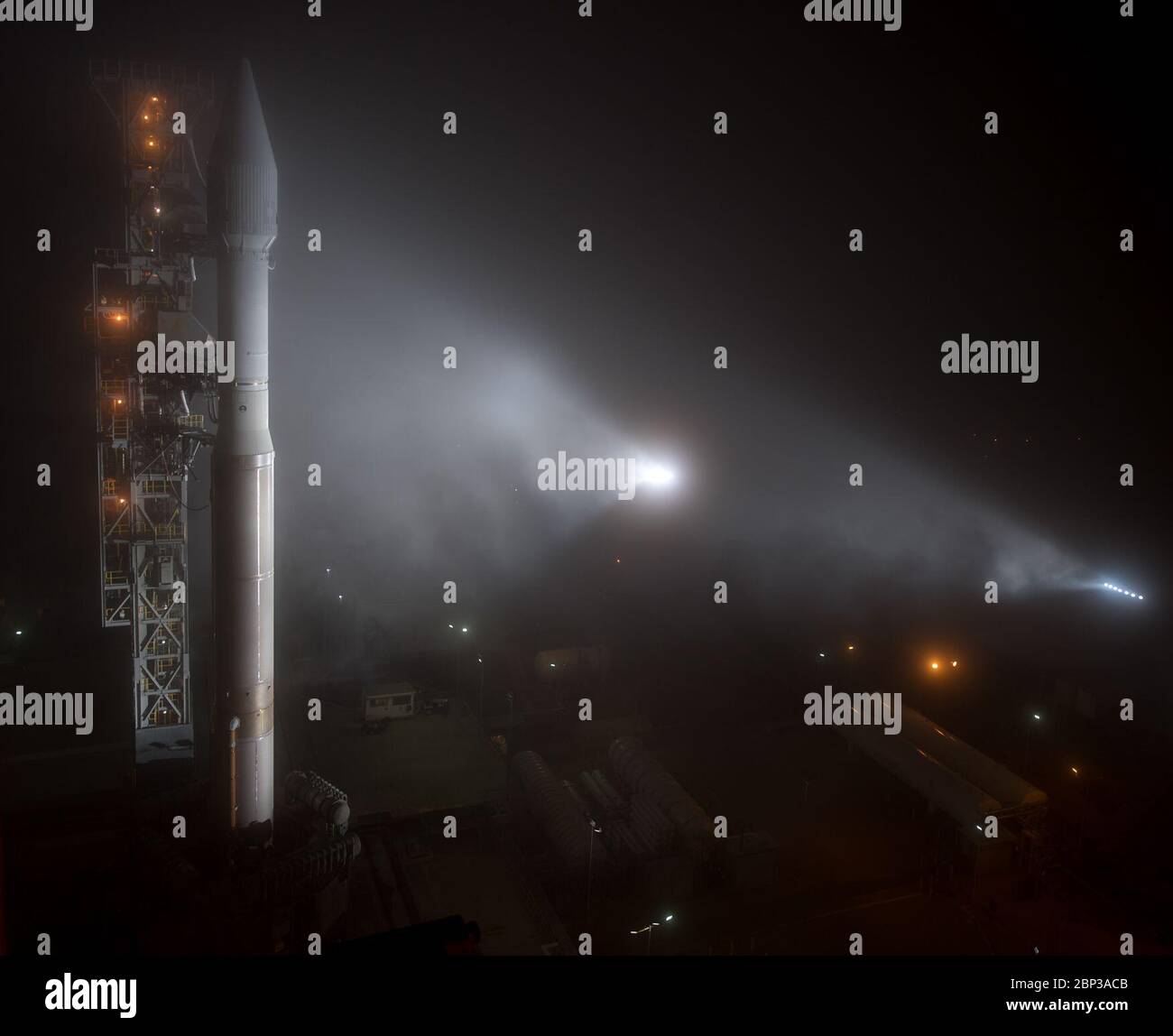 InSight Prelaunch  The United Launch Alliance (ULA) Atlas-V rocket with the NASA InSight spacecraft onboard is seen shortly after the mobile service tower was rolled back, Friday, May 4, 2018, at Vandenberg Air Force Base in California. InSight, short for Interior Exploration using Seismic Investigations, Geodesy and Heat Transport, is a Mars lander designed to study the &quot;inner space&quot; of Mars: its crust, mantle, and core. Stock Photo