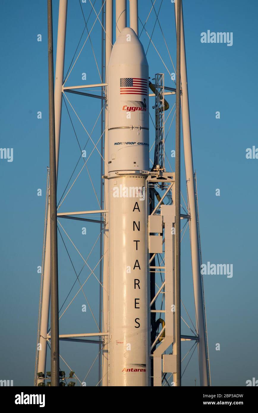 Northrop Grumman Antares CRS-13 Prelaunch  A Northrop Grumman Antares rocket carrying a Cygnus resupply spacecraft is seen at sunrise on Pad-0A, Sunday, Feb. 9, 2020, at NASA's Wallops Flight Facility in Virginia. Northrop Grumman’s 13th contracted cargo resupply mission with NASA to the International Space Station will deliver more than 7,500 pounds of science and research, crew supplies and vehicle hardware to the orbital laboratory and its crew. The CRS-13 Cygnus spacecraft is named after the first African American astronaut, Major Robert Henry Lawrence Jr.. Stock Photo