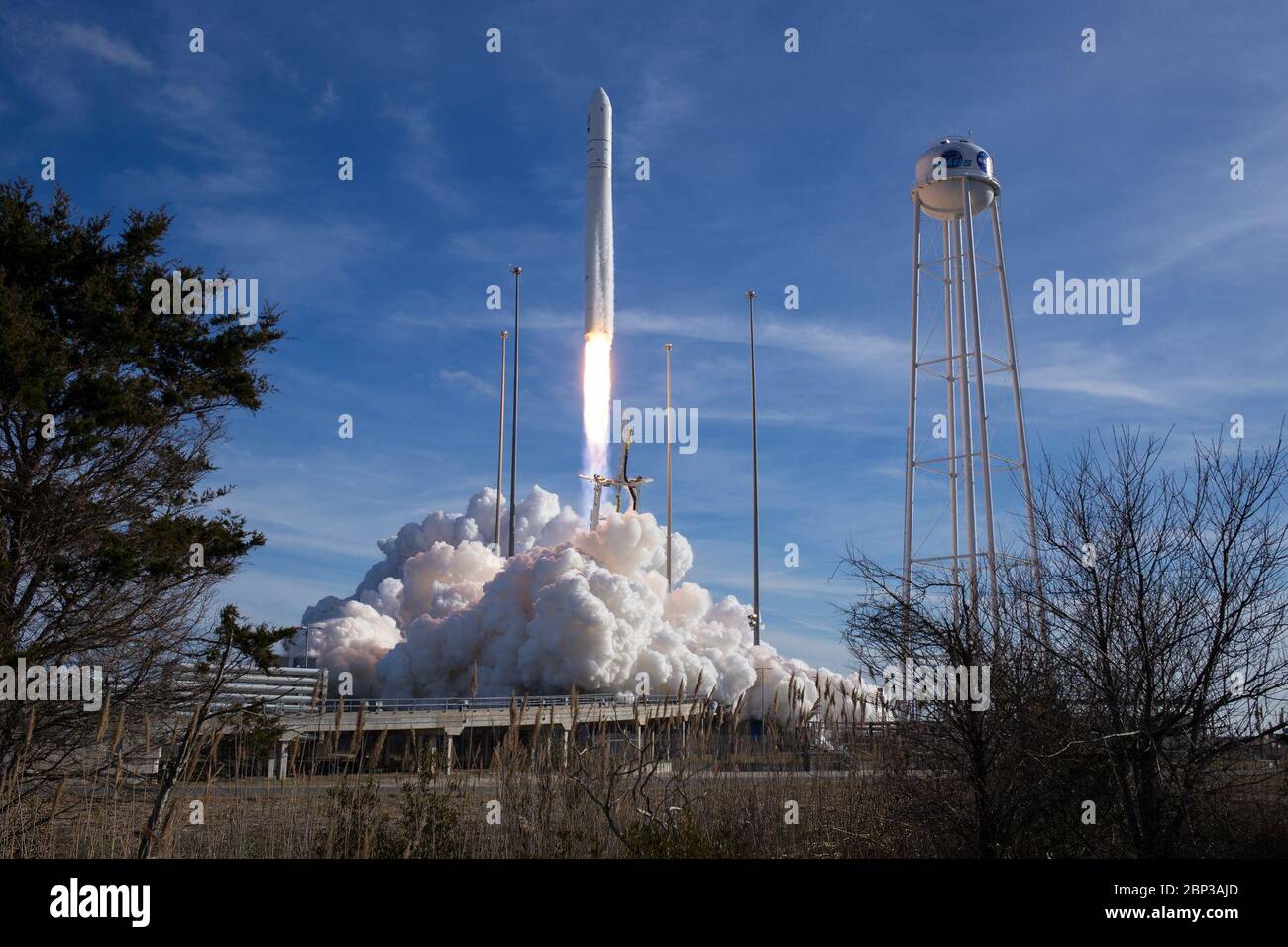Northrop Grumman Antares CRS-13 Launch The Northrop Grumman Antares rocket, with Cygnus resupply spacecraft onboard, launches from Pad-0A, Saturday, Feb. 15, 2020 at NASA's Wallops Flight Facility in Virginia. Northrop Grumman's 13th contracted cargo resupply mission for NASA to the International Space Station will deliver more than 7,500 pounds of science and research, crew supplies and vehicle hardware to the orbital laboratory and its crew. Stock Photo
