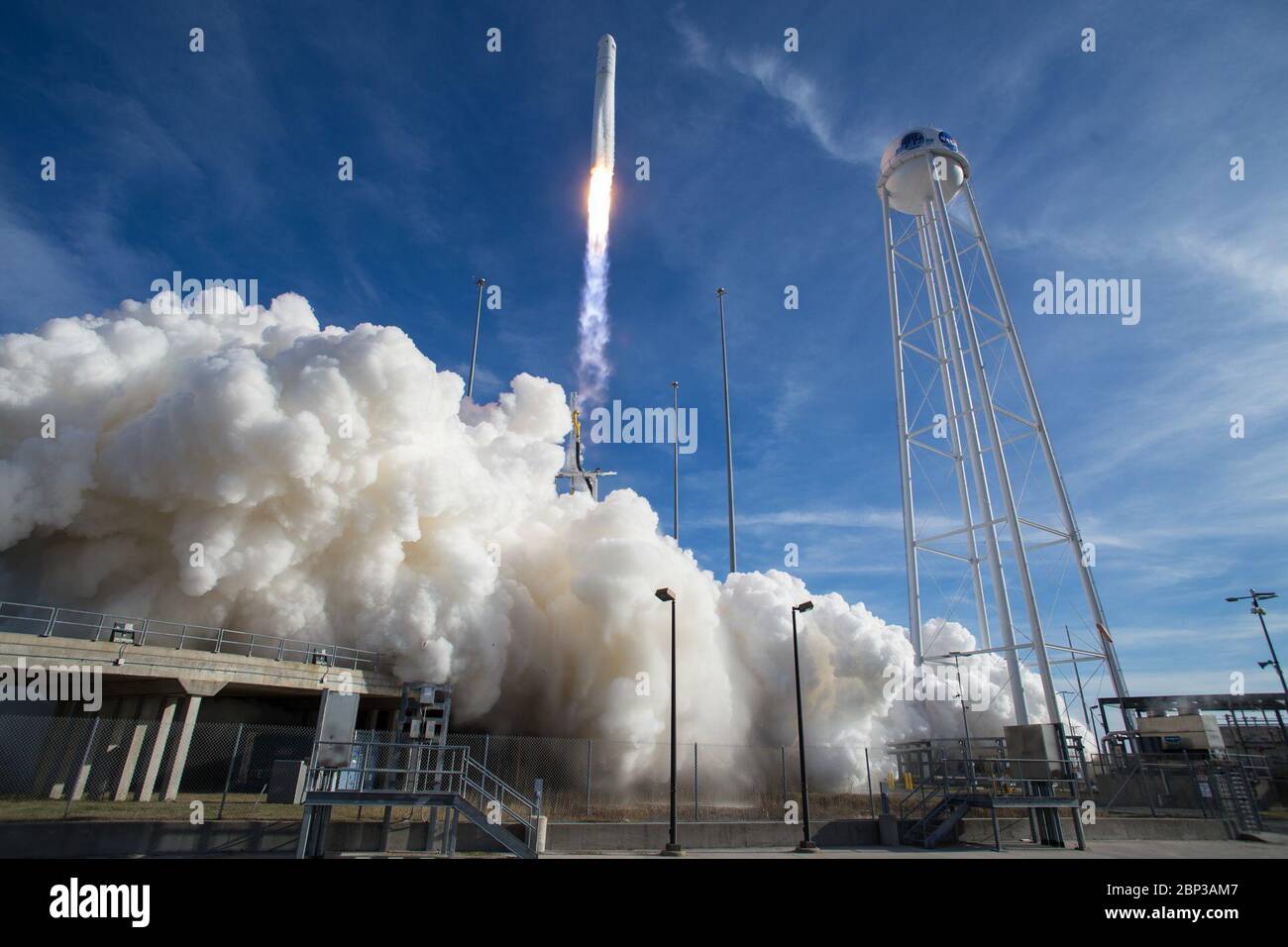 Northrop Grumman Antares CRS-13 Launch  The Northrop Grumman Antares rocket, with Cygnus resupply spacecraft onboard, launches from Pad-0A, Saturday, Feb. 15, 2020 at NASA's Wallops Flight Facility in Virginia. Northrop Grumman's 13th contracted cargo resupply mission for NASA to the International Space Station will deliver more than 7,500 pounds of science and research, crew supplies and vehicle hardware to the orbital laboratory and its crew. Stock Photo