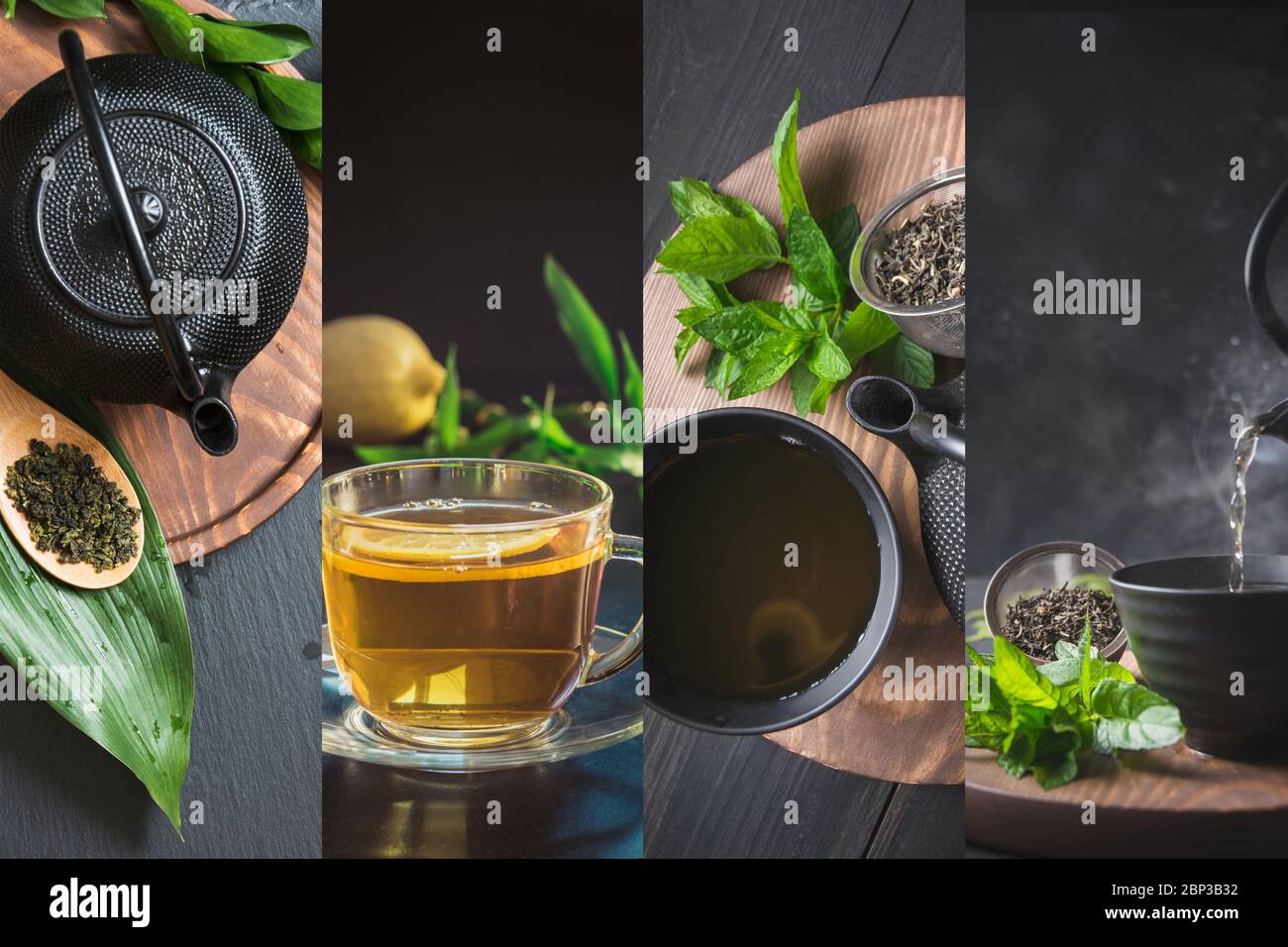 Collage of black chinese tea with mint on dark background Stock Photo