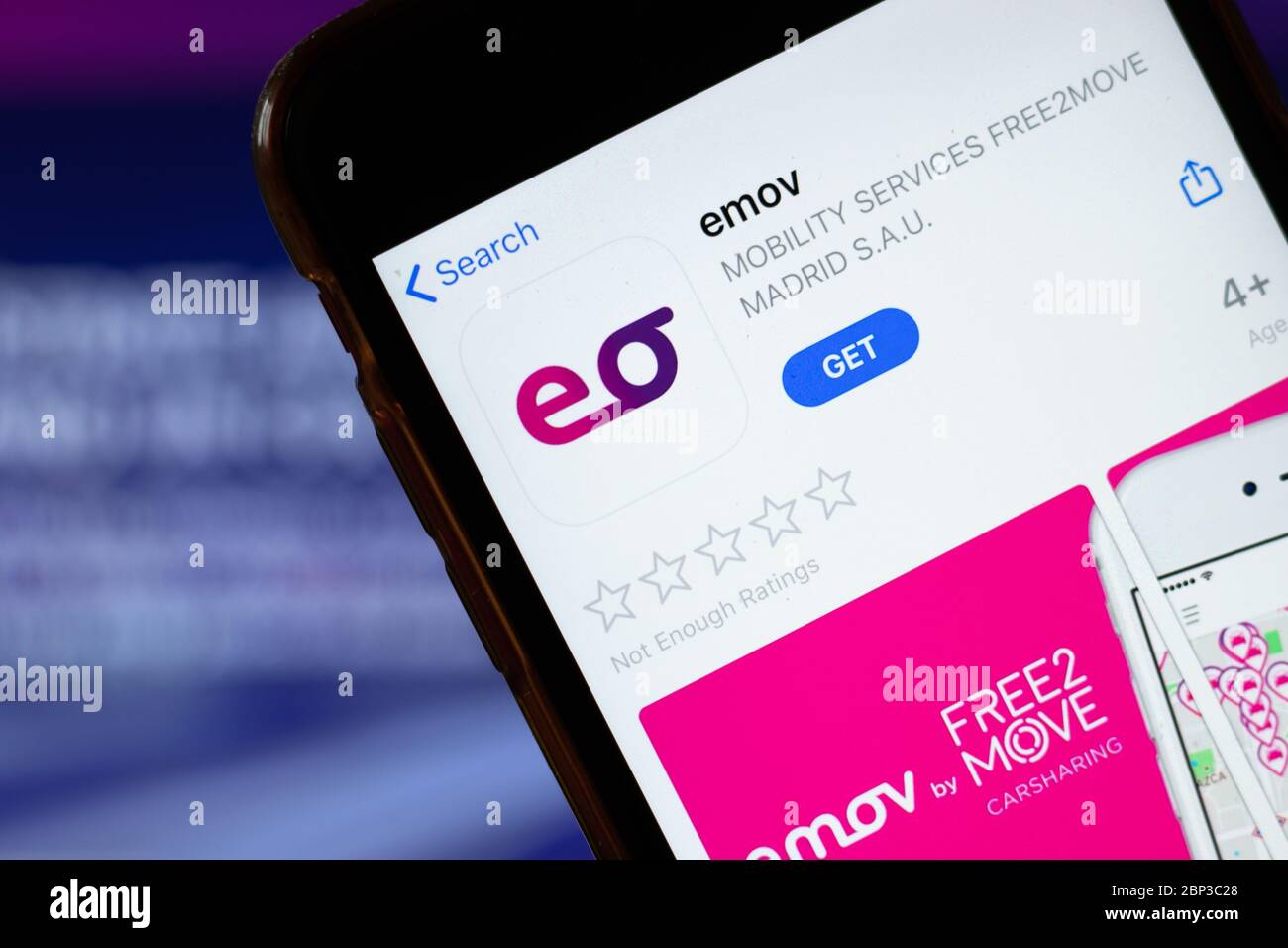 New York, USA - 15 May 2020: emov mobile app logo on phone screen ...