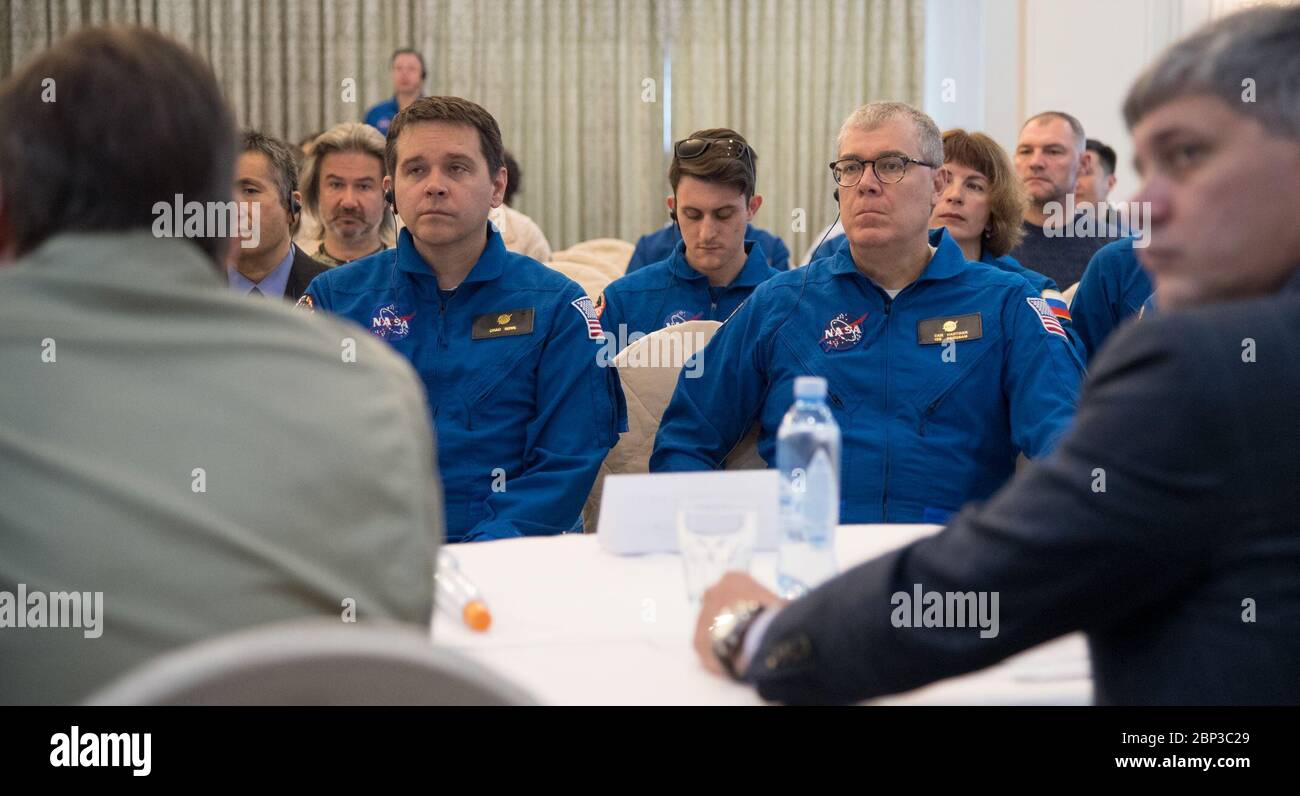 Expedition 55 Landing Preparations  NASA Director for Human Space Flight Programs, Russia, Chad Rowe, left, and NASA Deputy International Space Station Program Manager Dan Hartman, right, are seen along with other NASA, Roscosmos, and JAXA team members during a meeting to discuss the readiness for the landing of Expedition 55 crew members  Anton Shkaplerov of Roscosmos, Scott Tingle of NASA, Norishige Kanai of the Japan Aerospace Exploration Agency (JAXA) Saturday, June 2, 2018. Shkaplerov, Tingle, and Kanai are returning after 168 days in space where they served as members of the Expedition 5 Stock Photo