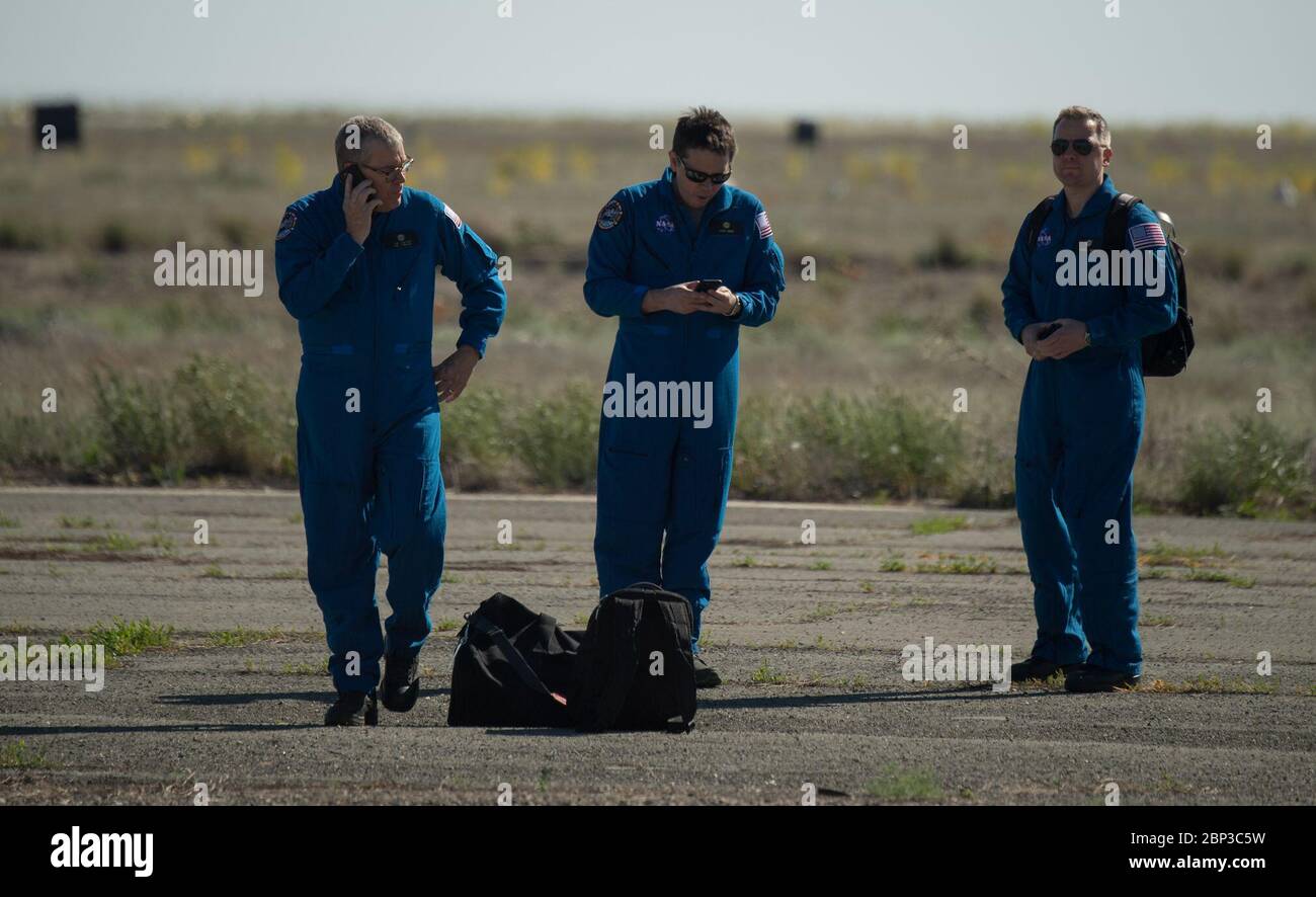 Expedition 55 Landing Preparations  NASA Deputy International Space Station Program Manager Dan Hartman, left, NASA Director for Human Space Flight Programs, Russia, Chad Rowe, and NASA Interpreter Evgeny Sokol, right,  wait at the Zhezkazgan, Kazakhstan Airport to support the Soyuz landing of Expedition 55 crew members  Anton Shkaplerov of Roscosmos, Scott Tingle of NASA, Norishige Kanai of the Japan Aerospace Exploration Agency (JAXA) Sunday, June 3, 2018. Shkaplerov, Tingle, and Kanai are returning after 168 days in space where they served as members of the Expedition 54 and 55 crews onboar Stock Photo