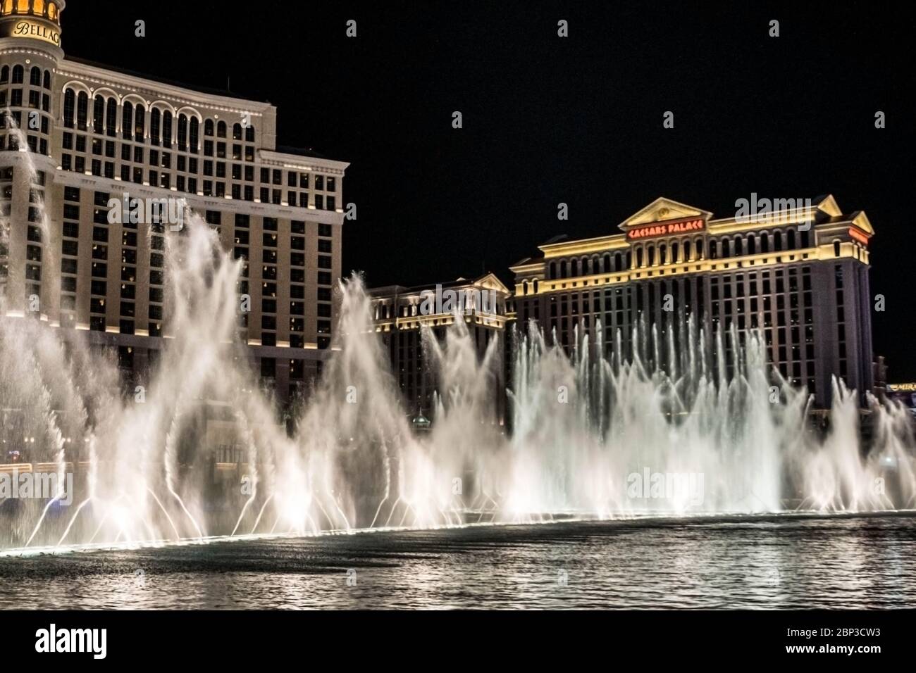 Night musical fountain show at Bellagio, Las Vegas, Nevada Stock Photo
