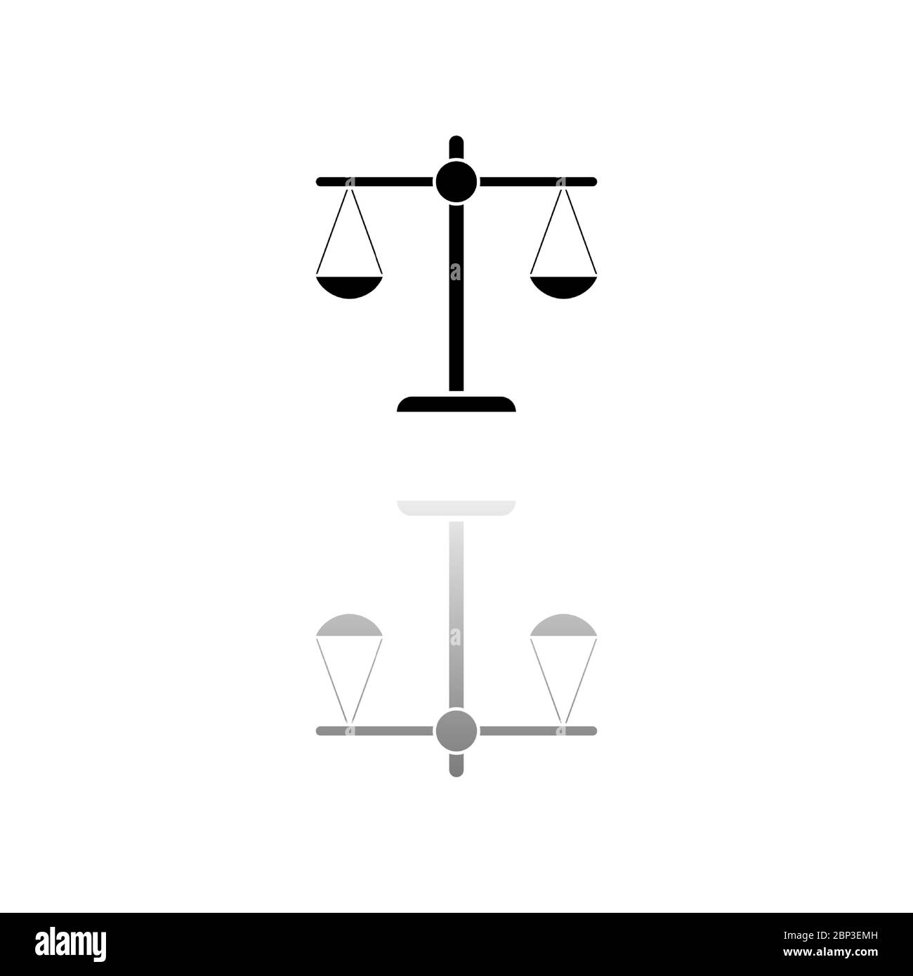 Justice scale. Black symbol on white background. Simple illustration. Flat Vector Icon. Mirror Reflection Shadow. Can be used in logo, web, mobile and Stock Vector