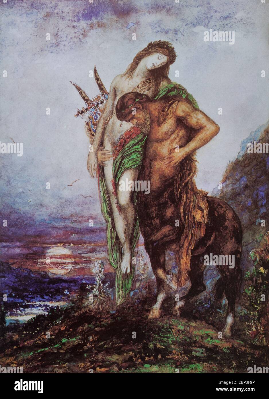 'The Dead Poet Borne by a Centaur', by  Gustave Moreau (1826-1898), a major figure in the French Symbolist movement, whose main emphasis was the illustration of biblical and mythological figures. During his lifetime, Moreau produced more than 8,000 paintings, watercolors and drawings influencing the next generation of Symbolists, particularly Odilon Redon and Jean Delville. Stock Photo