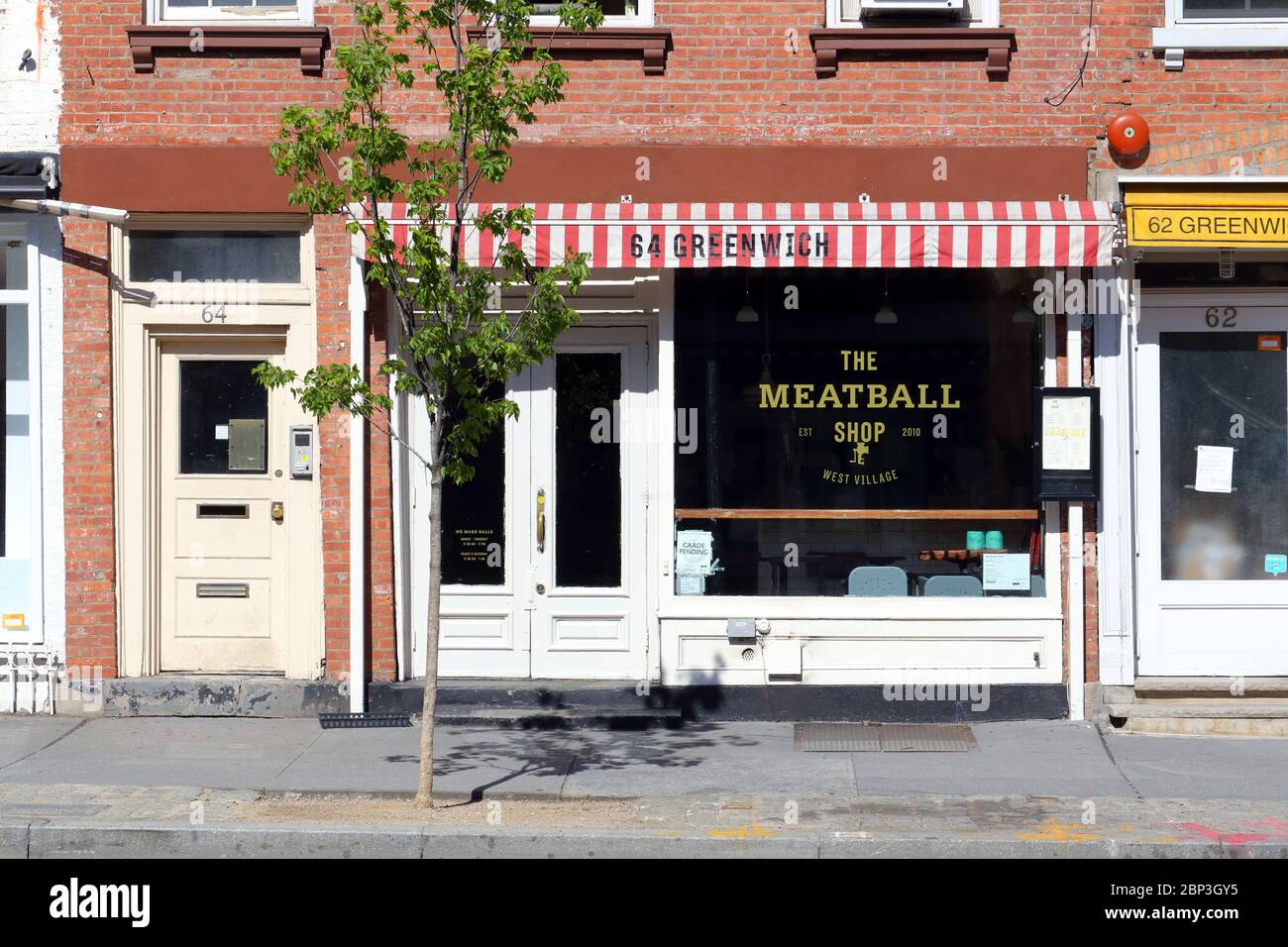 [historical storefront] The Meatball Shop, 64 Greenwich Ave, New York, NYC storefront photo of a meatball restaurant in Manhattan's West Village. Stock Photo